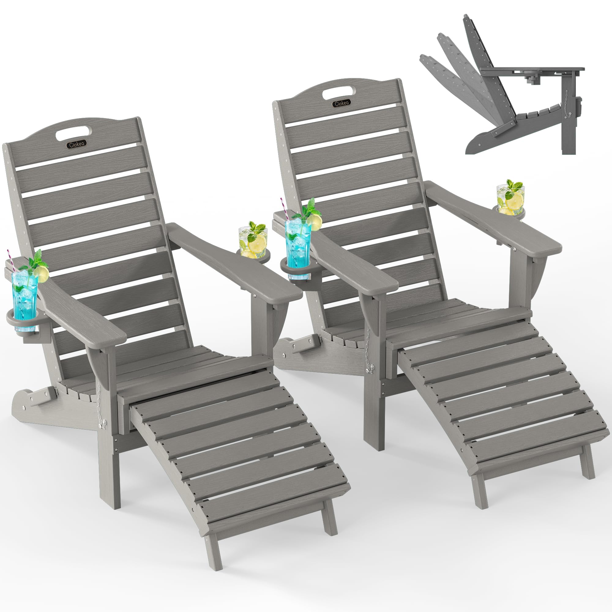 Ciokea Folding Adirondack Chair with Retractable Ottoman Fire Pit Patio Chair with Pull Out Foot Rest Weather Resistant Lawn Outdoor Lounge Chair with 2 Cup Holder (Grey)