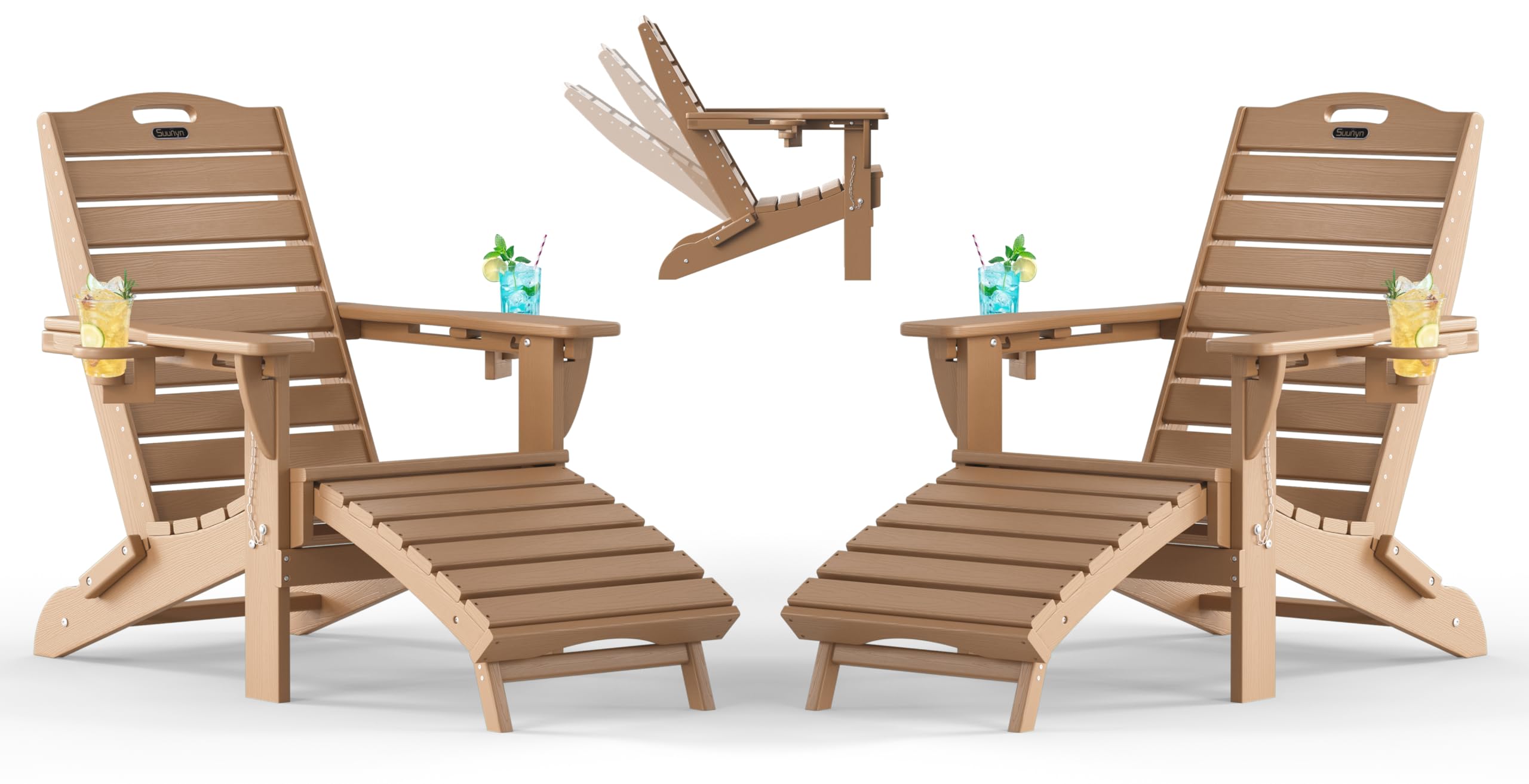Folding Adirondack Chair with Retractable Ottoman, Weather Resistant Fire Pit Chair Patio Chair with 2 Cup Holder Lawn Outdoor Lounge Chair (Grey)