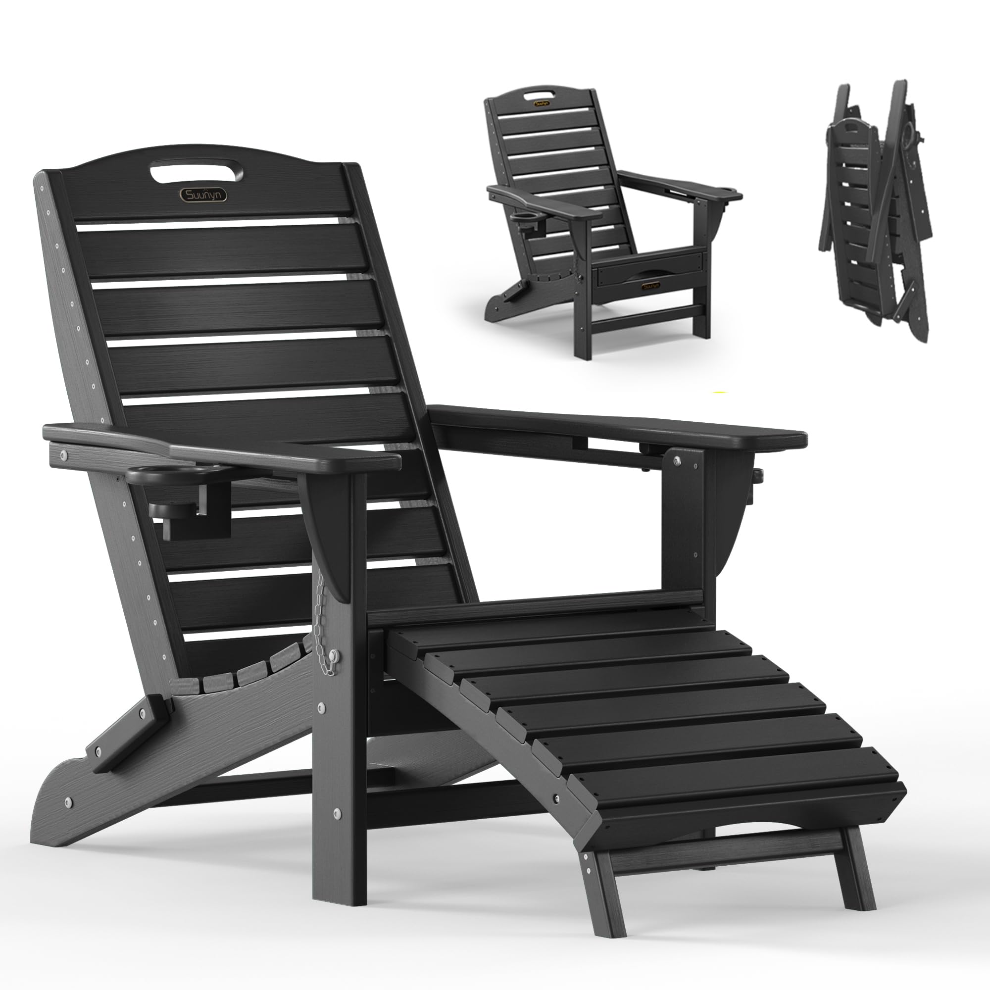 Folding Adirondack Chair with Retractable Ottoman, Weather Resistant Fire Pit Chair Patio Chair with 2 Cup Holder Lawn Outdoor Lounge Chair (Grey)