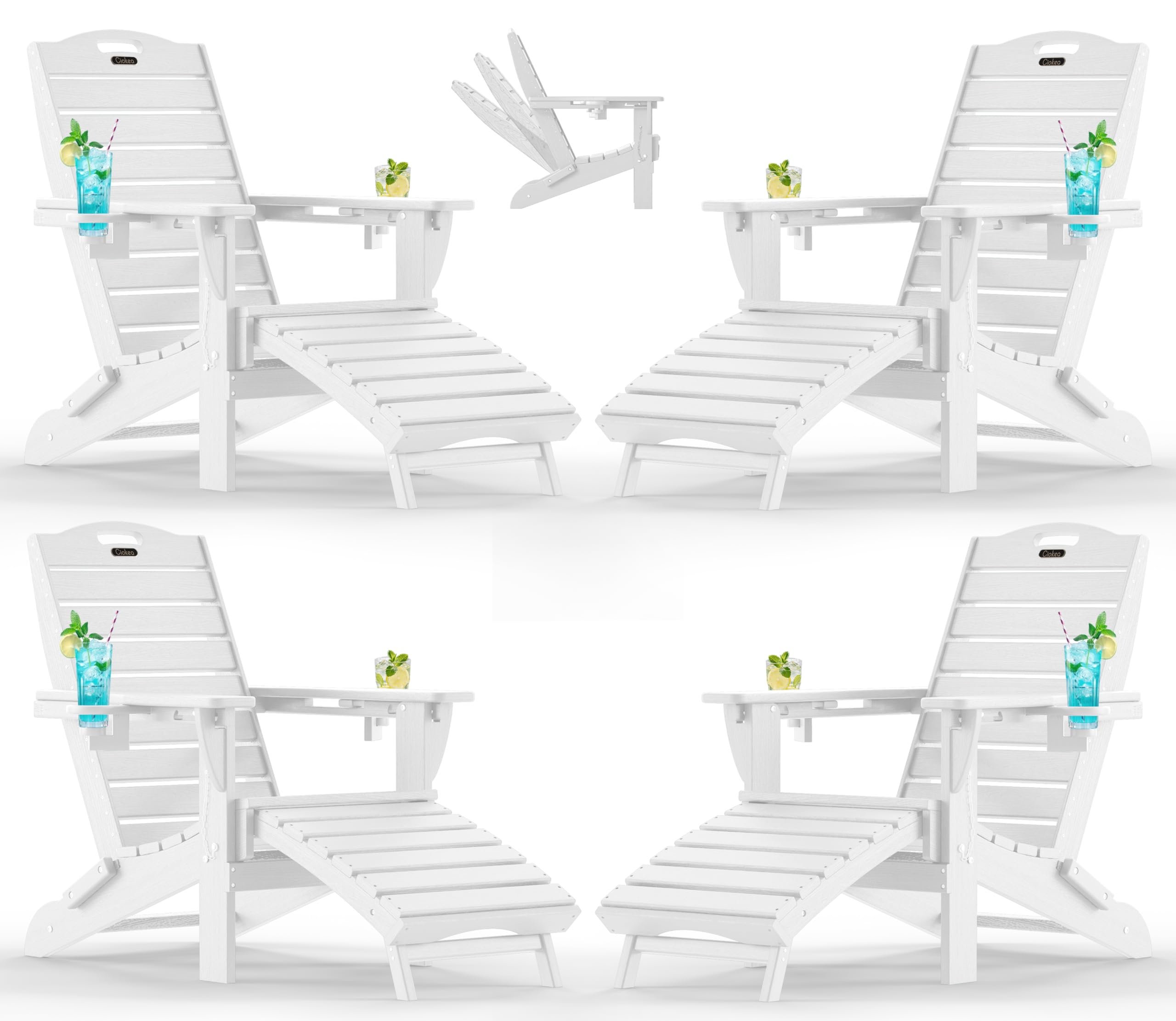 Ciokea Folding Adirondack Chair with Retractable Ottoman Fire Pit Patio Chair with Pull Out Foot Rest Weather Resistant Lawn Outdoor Lounge Chair with 2 Cup Holder (Grey)