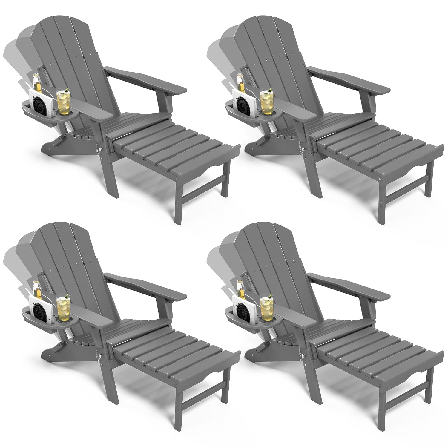 NAVINE Adjustable Adirondack Chair with Retractable Ottoman Set of 2, HDPE Folding Adirondack Chair with Cup Holder, All Weather Fire Pit Chair for Outdoor.