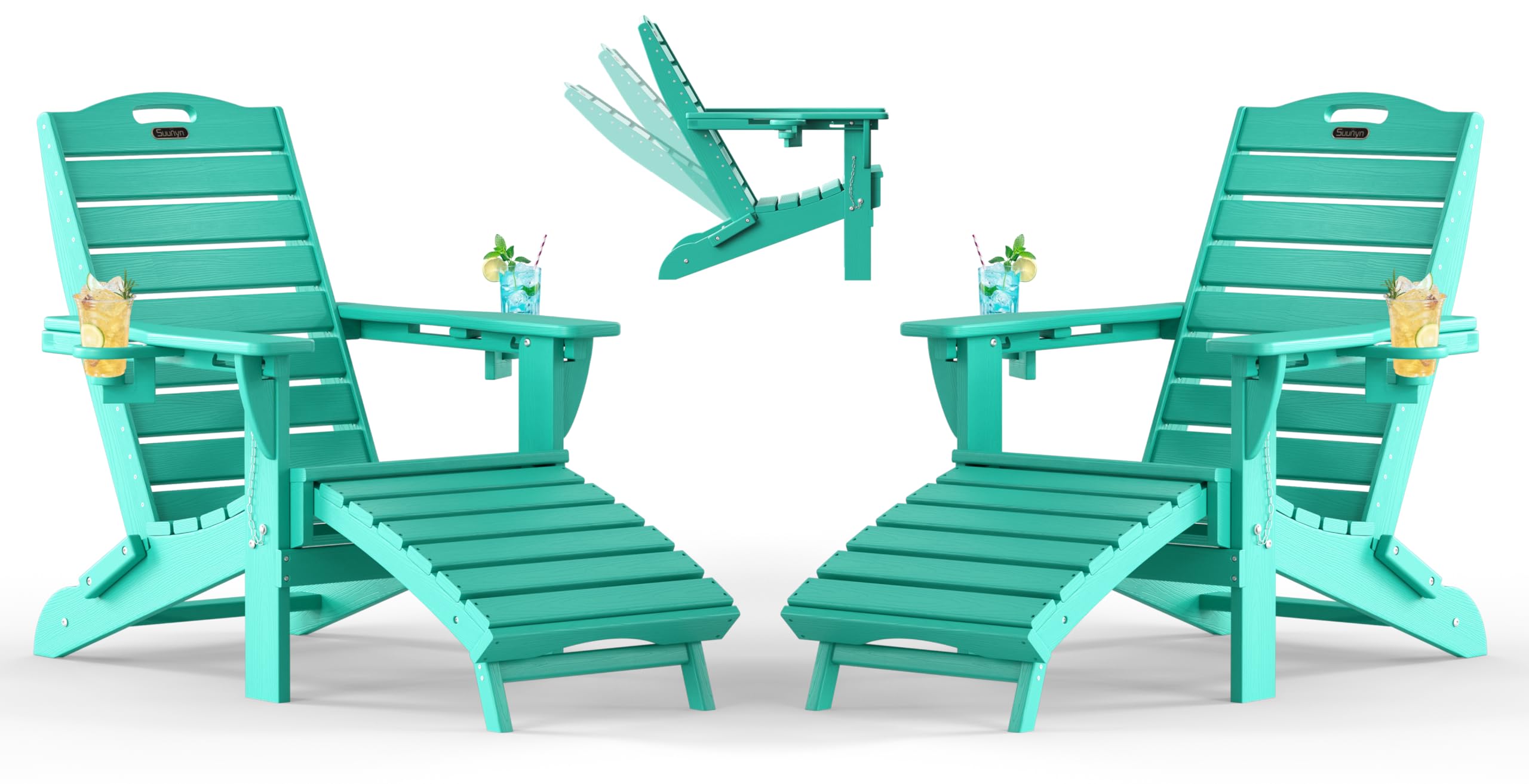 Folding Adirondack Chair with Retractable Ottoman, Weather Resistant Fire Pit Chair Patio Chair with 2 Cup Holder Lawn Outdoor Lounge Chair (Grey)