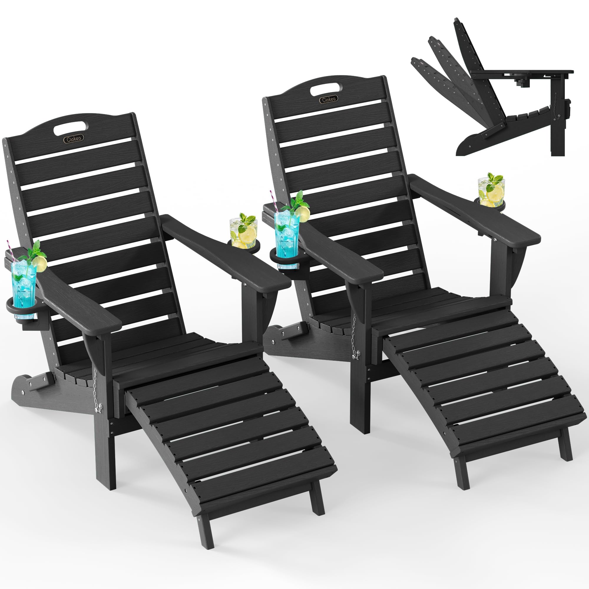 Ciokea Folding Adirondack Chair with Retractable Ottoman Fire Pit Patio Chair with Pull Out Foot Rest Weather Resistant Lawn Outdoor Lounge Chair with 2 Cup Holder (Grey)