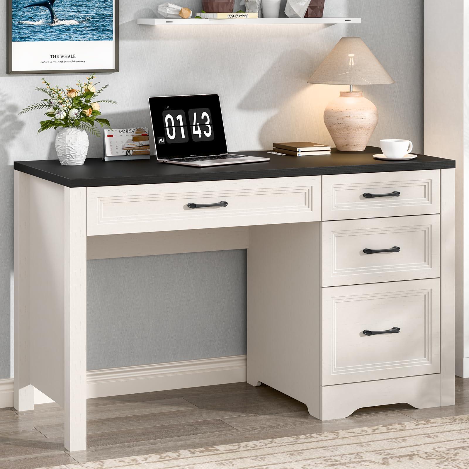 Vabches Farmhouse Executive Desk, Wood Home Office Desk with 2 Large File Drawers and 5 Storage Cabinets, Rustic Writing Desk for Work and Study, Brown