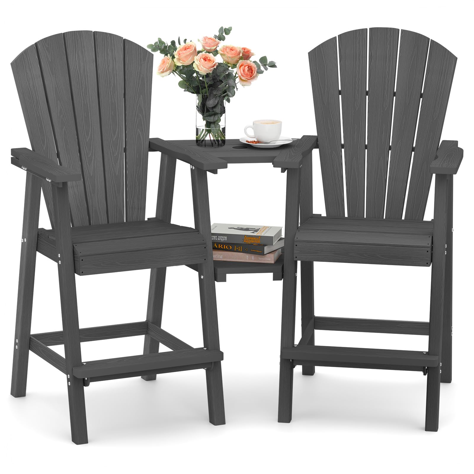 Ciokea Tall Adirondack Chairs Set of 2, HDPE Outdoor High Back Adirondack Chair with Double Connecting Tray, Weather Resistant Balcony Chairs for Deck, Lawn, Pool, Backyard, Navy Blue