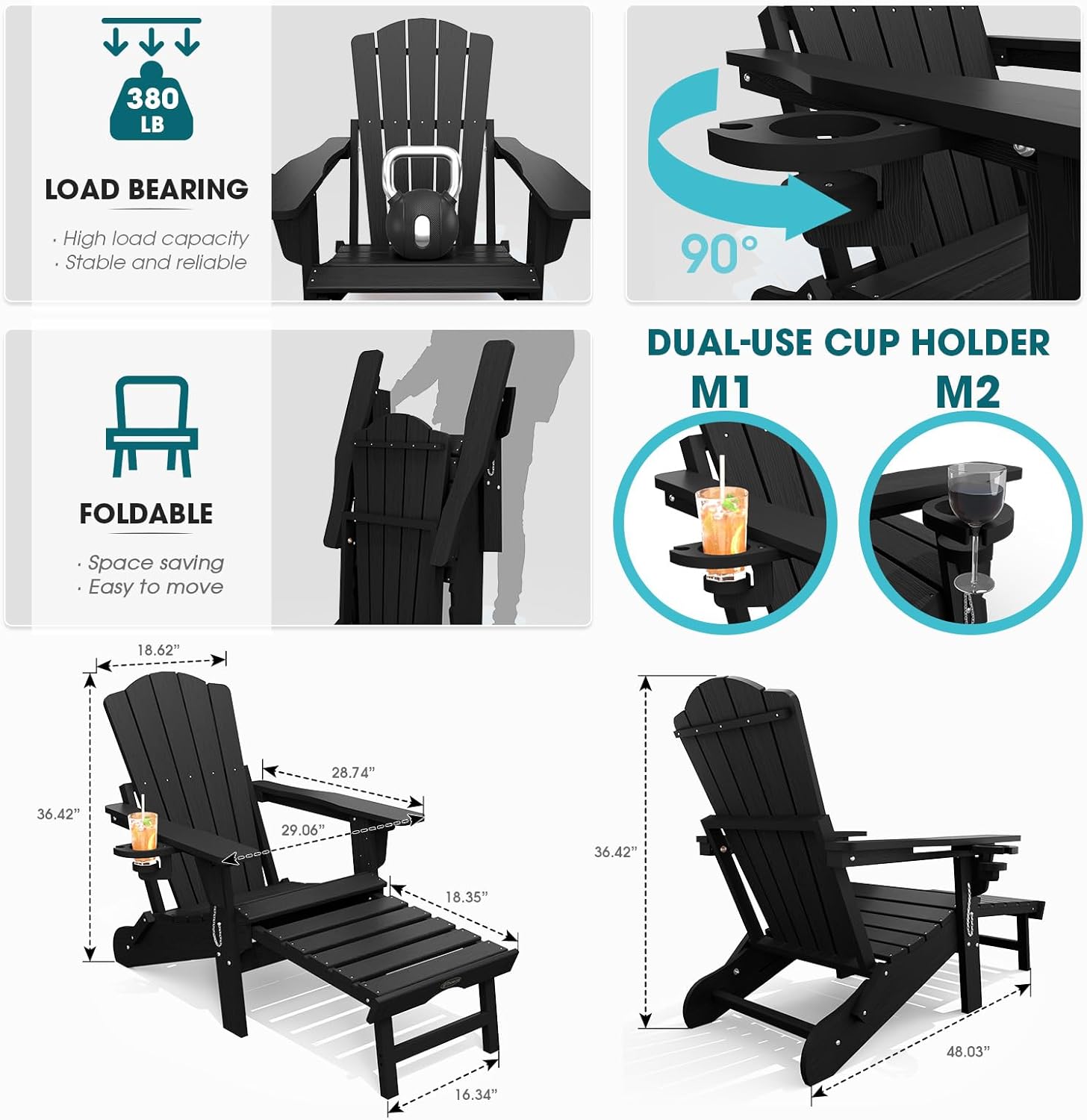 THOEOE Adjustable Adirondack Chair with Retractable Ottoman, HDEP Folding Adirondack Chairs with Footrest 2-in-1 Cup Holder, All Weather Outoor Fire Pit Chair with Foot Rest Set 1 Black
