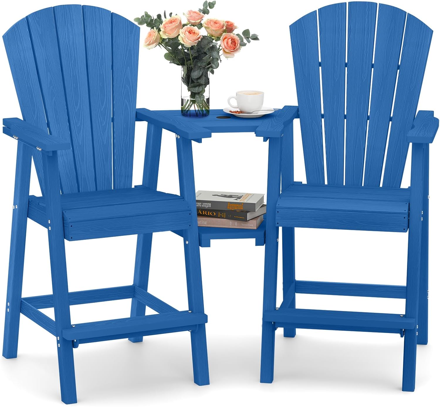 Ciokea Tall Adirondack Chairs Set of 2, HDPE Outdoor High Back Adirondack Chair with Double Connecting Tray, Weather Resistant Balcony Chairs for Deck, Lawn, Pool, Backyard, Navy Blue