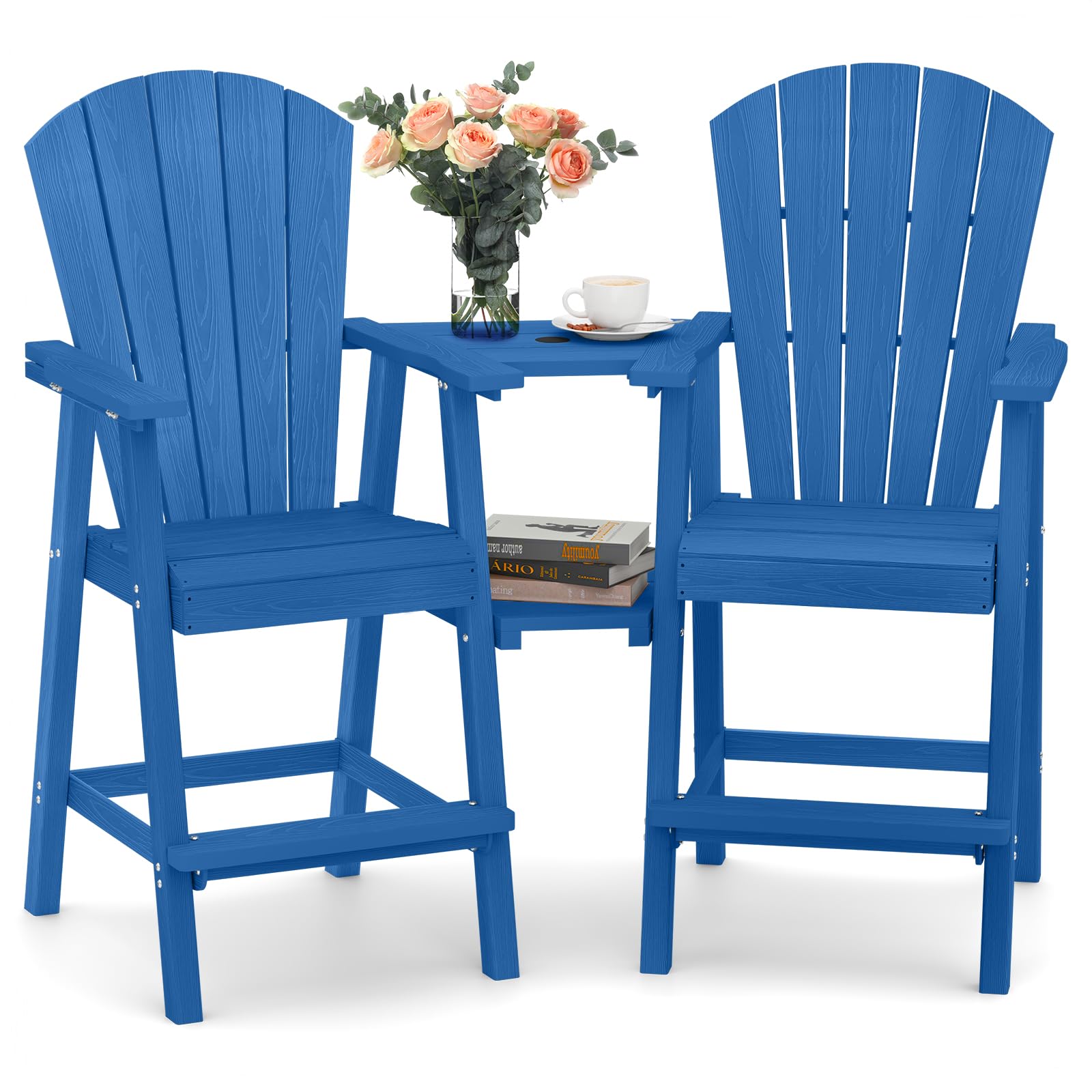 Ciokea Tall Adirondack Chairs Set of 2, HDPE Outdoor High Back Adirondack Chair with Double Connecting Tray, Weather Resistant Balcony Chairs for Deck, Lawn, Pool, Backyard, Navy Blue