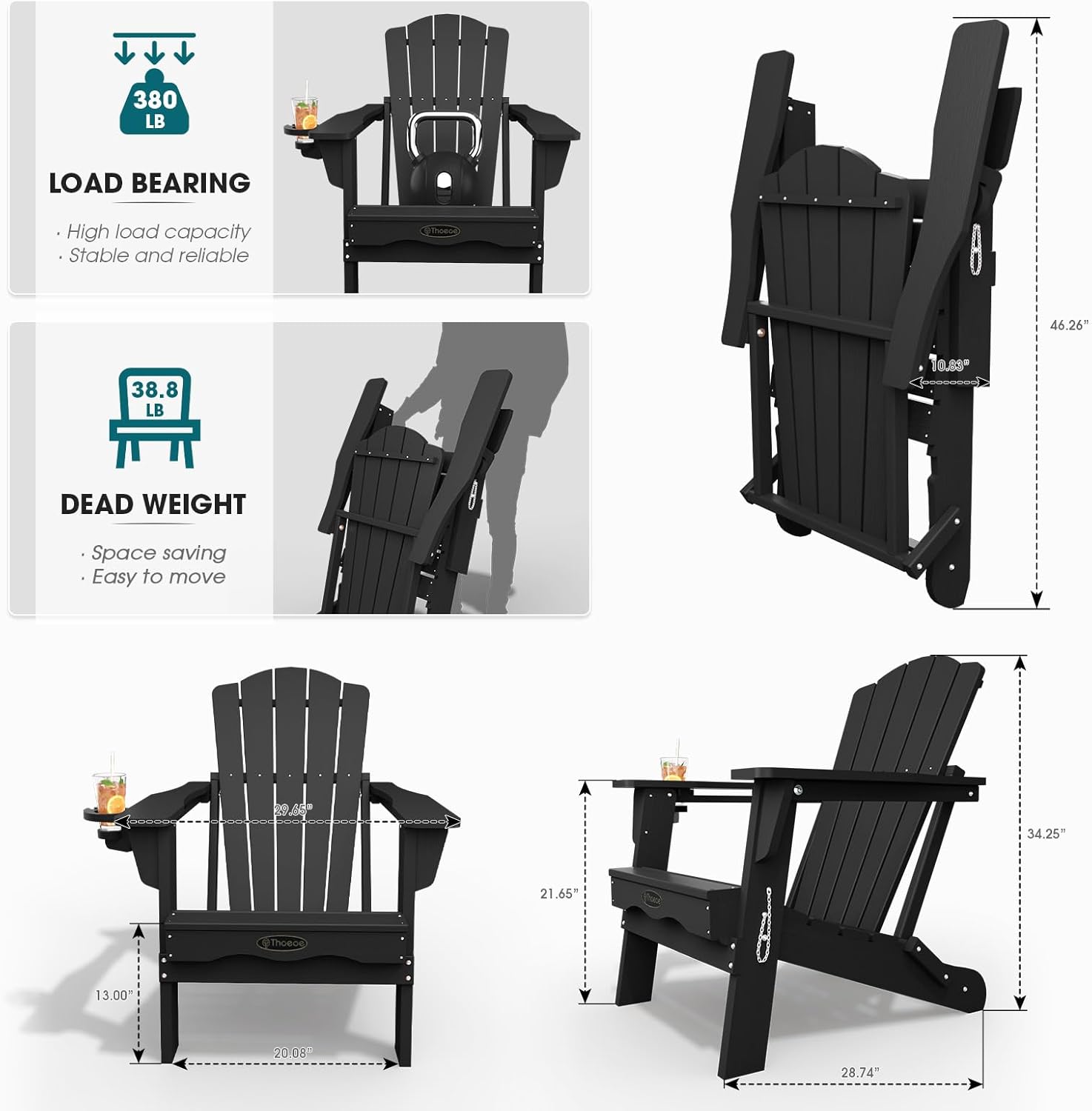 THOEOE Folding Adirondack Chair,HDPE All-Weather Outdoor Chair with Cup Holder,Wooden Textured,Fire Pit Chair,Plastic Patio Chair for Deck,Backyard,Garden,Lawn, Black