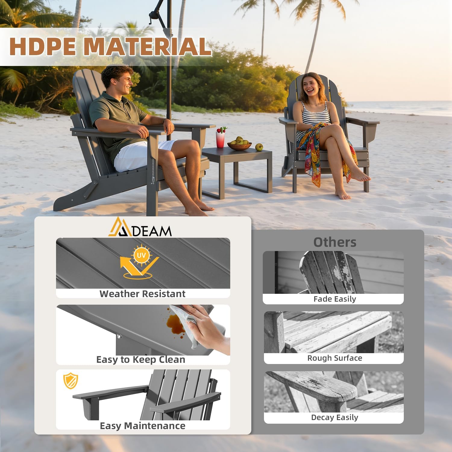 Oversized Folding Adirondack Chairs Set of 4, HDPE All-Weather Outdoor Chairs Easy to Store Fire Pit Chairs for Patio, Lawn, Poolside, Garden, Backyard, Deck- Gray