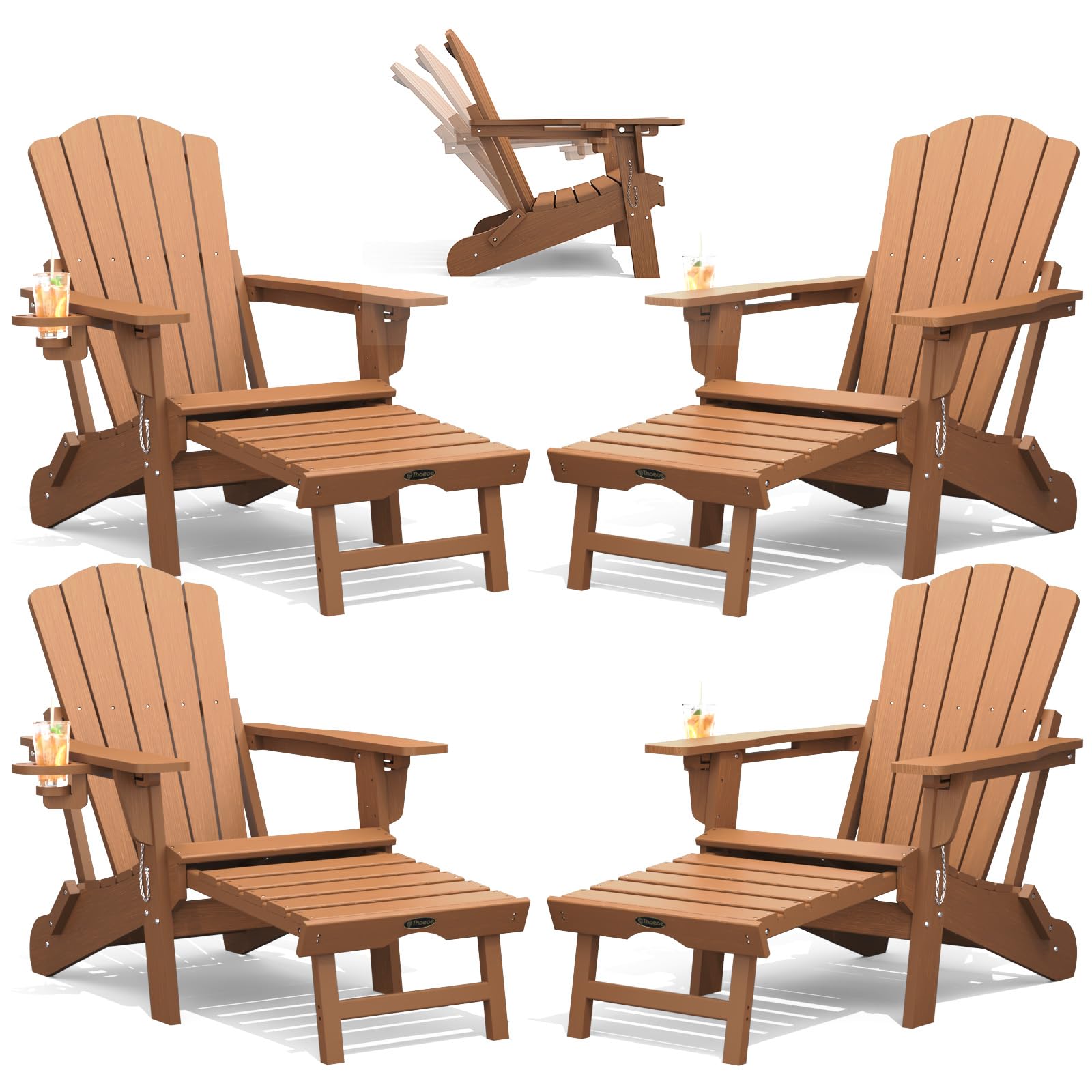 THOEOE Adjustable Adirondack Chair with Retractable Ottoman, HDEP Folding Adirondack Chairs with Footrest 2-in-1 Cup Holder, All Weather Outoor Fire Pit Chair with Foot Rest Set 1 Black