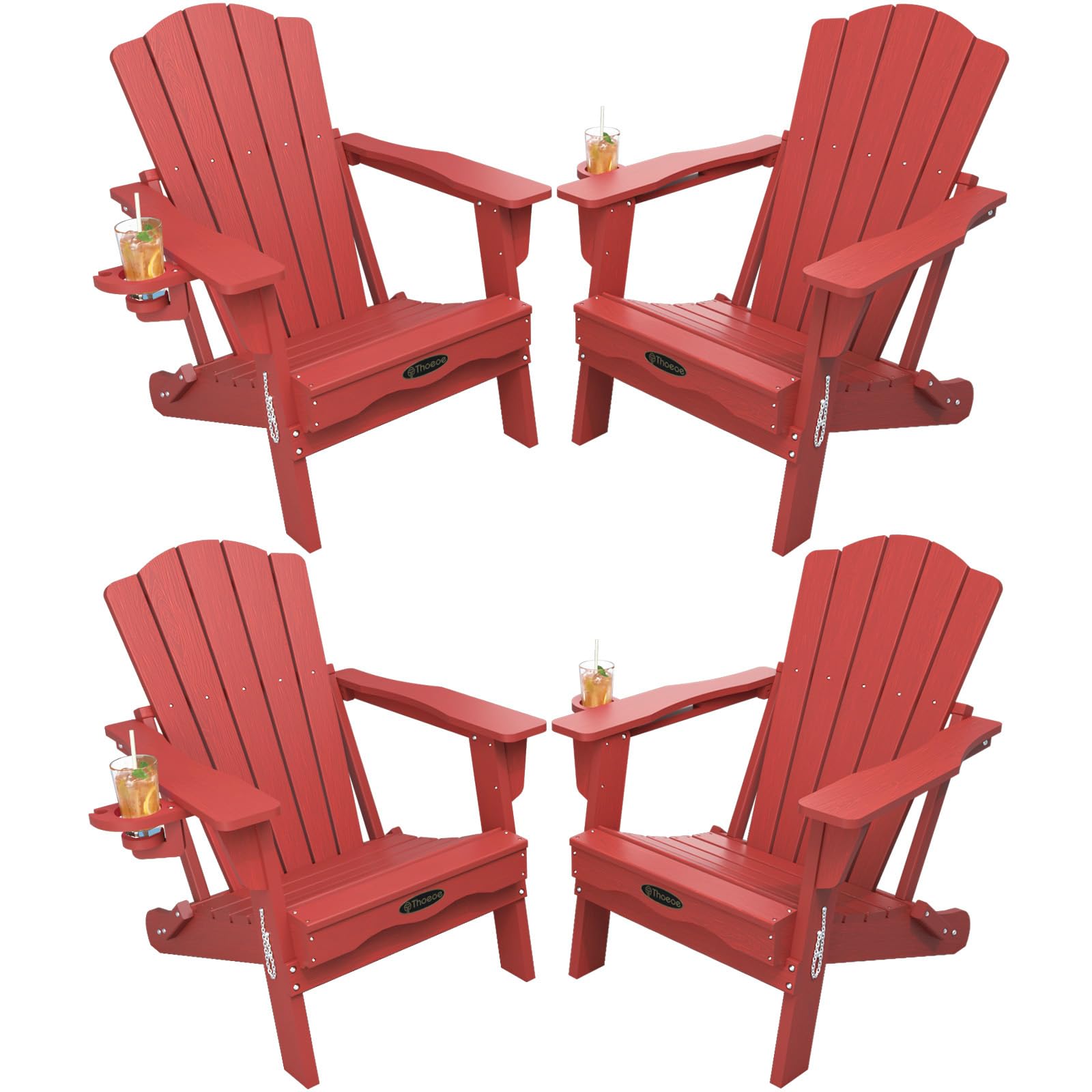THOEOE Folding Adirondack Chair,HDPE All-Weather Outdoor Chair with Cup Holder,Wooden Textured,Fire Pit Chair,Plastic Patio Chair for Deck,Backyard,Garden,Lawn, Black
