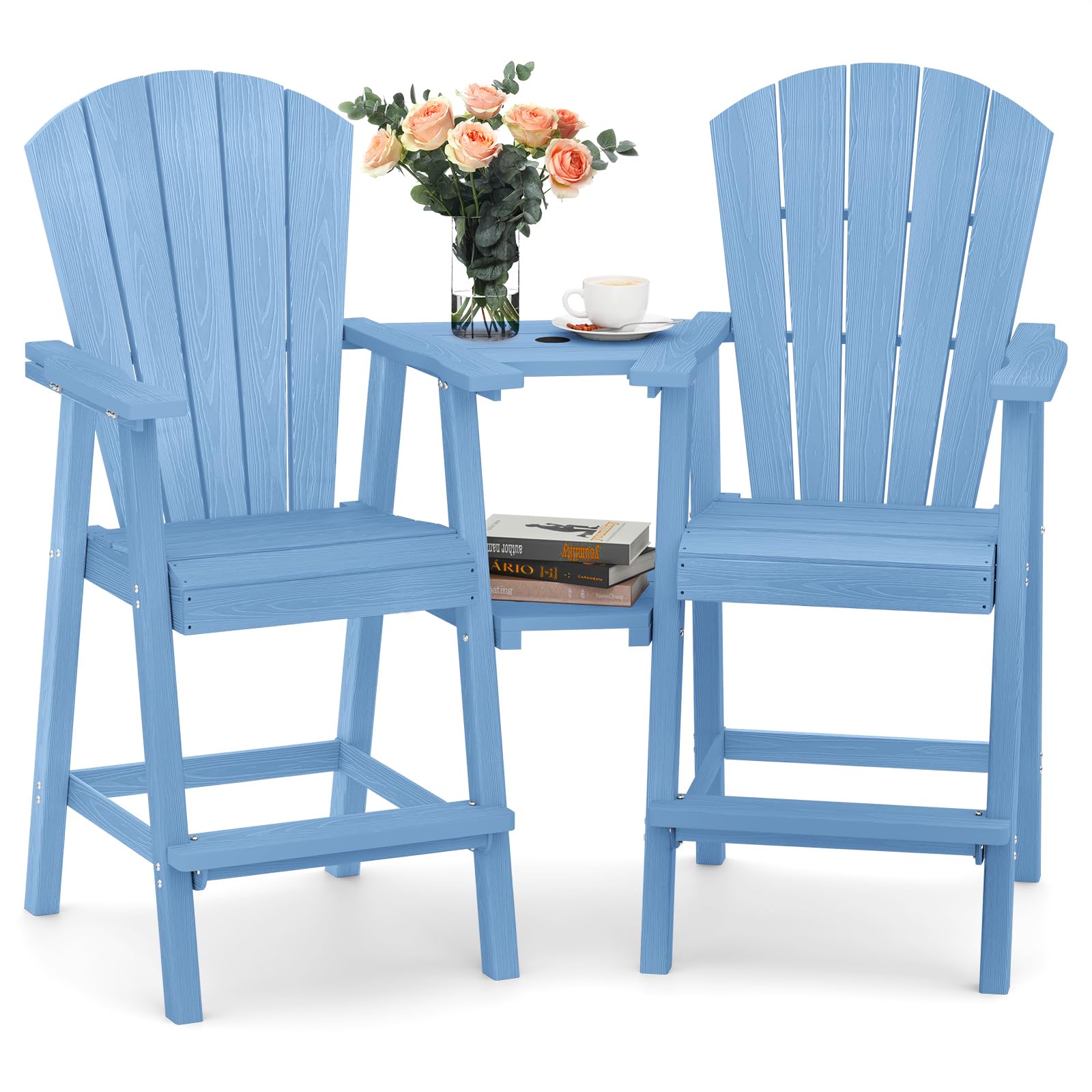 Ciokea Tall Adirondack Chairs Set of 2, HDPE Outdoor High Back Adirondack Chair with Double Connecting Tray, Weather Resistant Balcony Chairs for Deck, Lawn, Pool, Backyard, Navy Blue