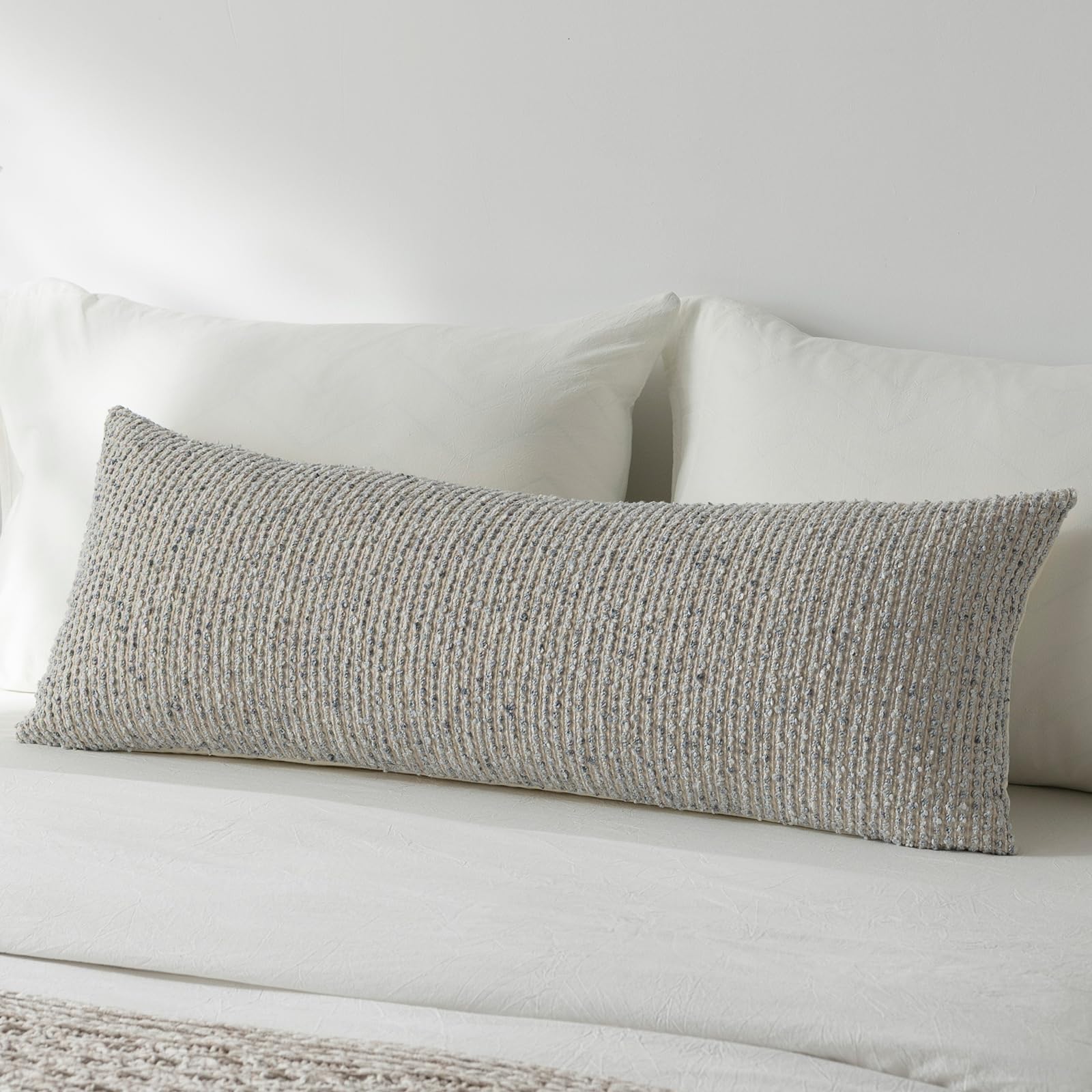 DEZENE 22x22 Beige Throw Pillow Cover Textured Boucle Striped Chic Morden Boho Accent Farmhouse Square Decorative Couch Pillow Cover for Home Decor Bed Sofa Living Room