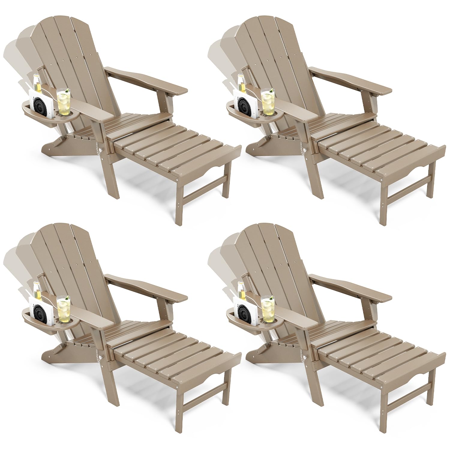 NAVINE Adjustable Adirondack Chair with Retractable Ottoman Set of 2, HDPE Folding Adirondack Chair with Cup Holder, All Weather Fire Pit Chair for Outdoor.