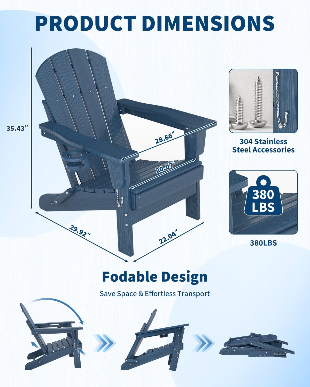 GarveeLife Folding Adirondack Chair Set of 2, All-Weather HDPE Outdoor Chair, Wooden Textured with Cup Holder for patios, Decks, Gardens, fire pits, Navy Blue
