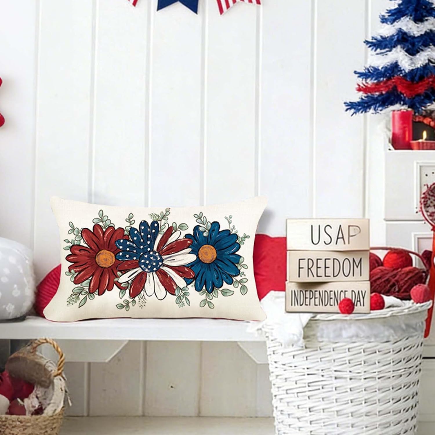Baccessor Patriotic Pillow Cover 12x20 Inch,4th of July Memorial Day Lumbar Blue Red Daisy Lumbar Pillow Case Summer Holiday Bed Cushion Home Sofa Couch Indoor Outdoor Decor 1 Piece