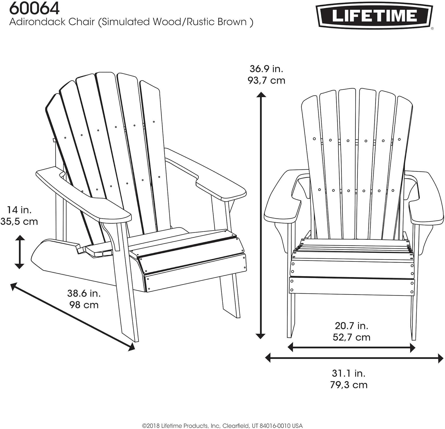 Lifetime Faux-Wood Adirondack Chair, Weather-Resistant Polystyrene, UV-Protected, 300 lb Capacity, Low-Maintenance Outdoor Seating Furniture