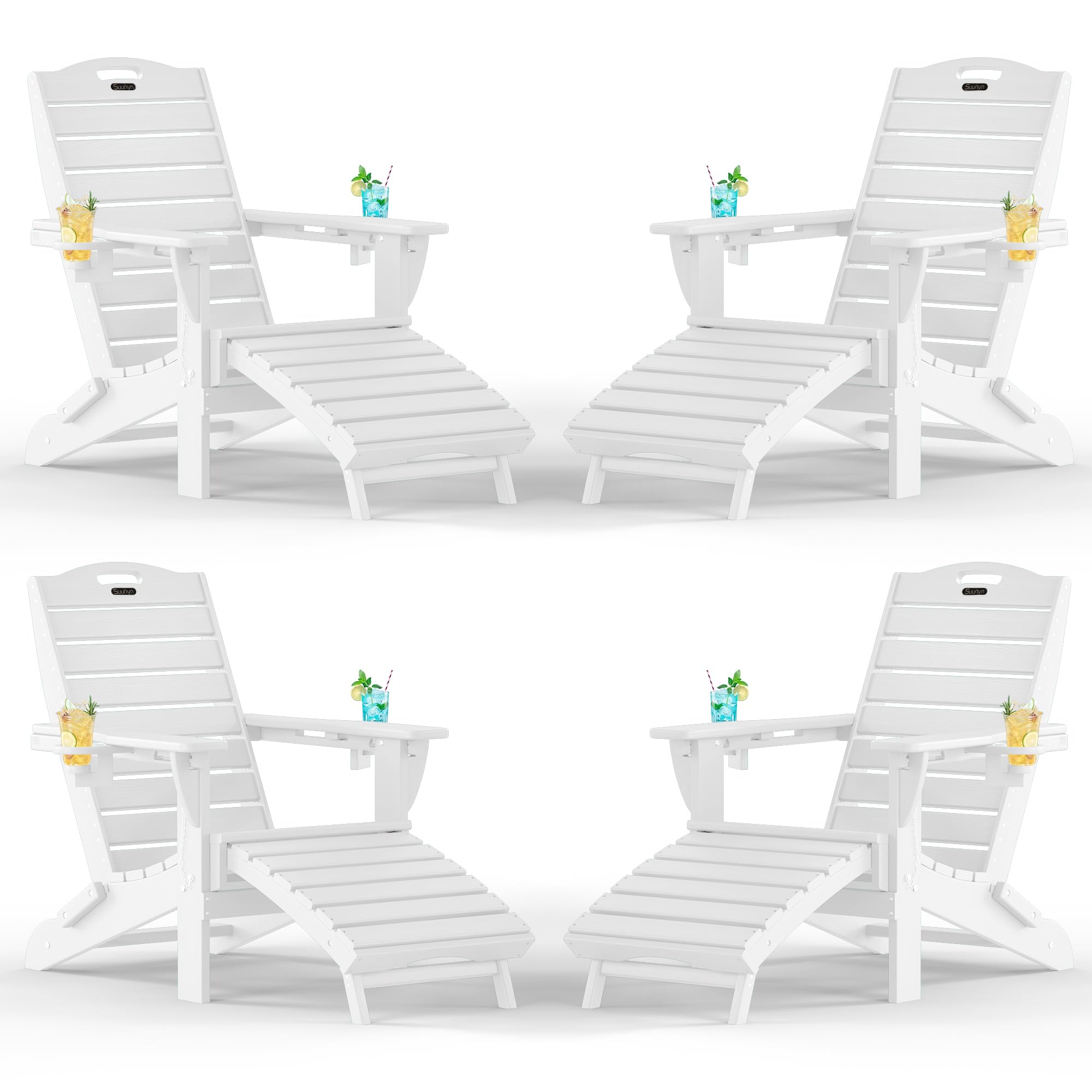 Folding Adirondack Chair with Retractable Ottoman, Weather Resistant Fire Pit Chair Patio Chair with 2 Cup Holder Lawn Outdoor Lounge Chair (Grey)