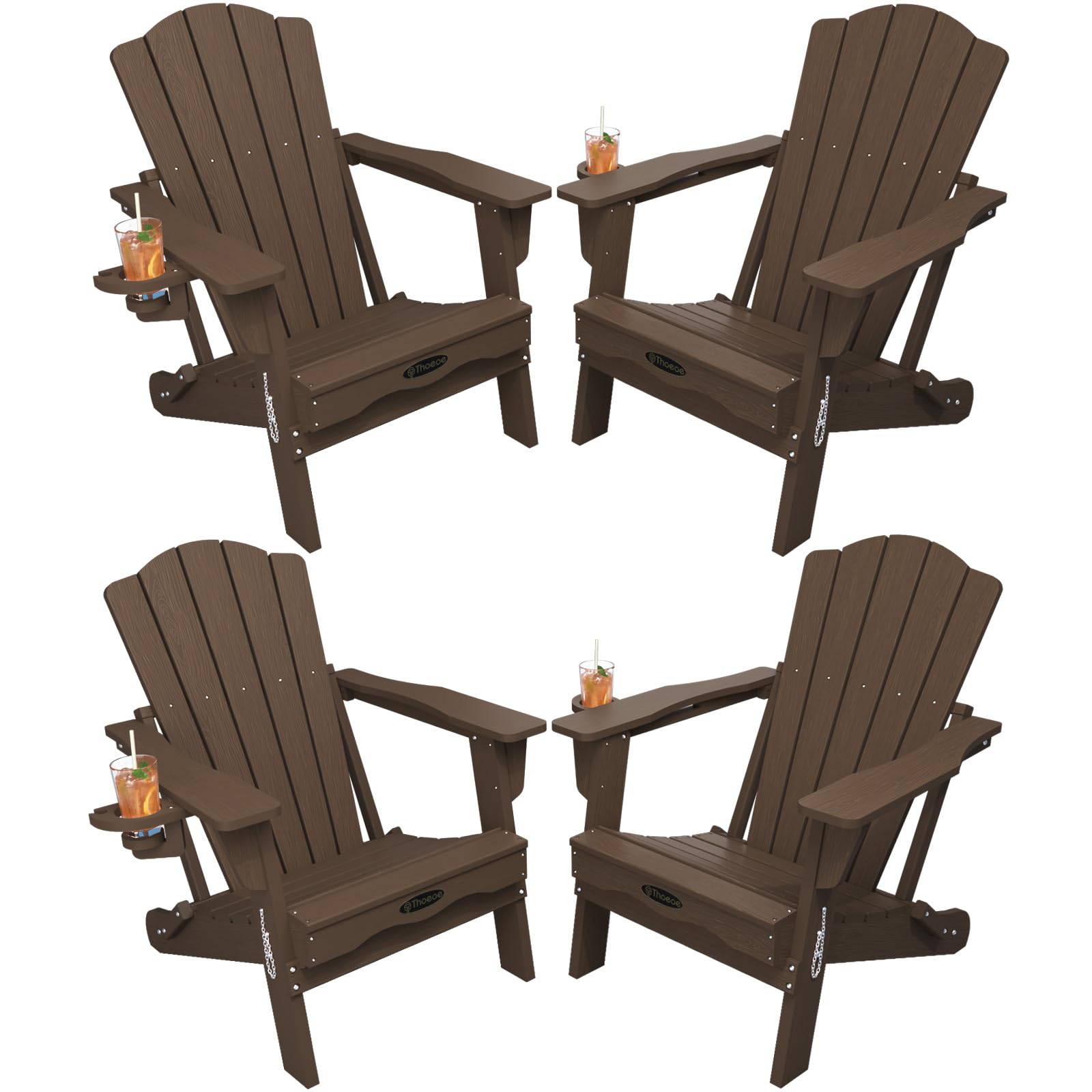 THOEOE Folding Adirondack Chair,HDPE All-Weather Outdoor Chair with Cup Holder,Wooden Textured,Fire Pit Chair,Plastic Patio Chair for Deck,Backyard,Garden,Lawn, Black