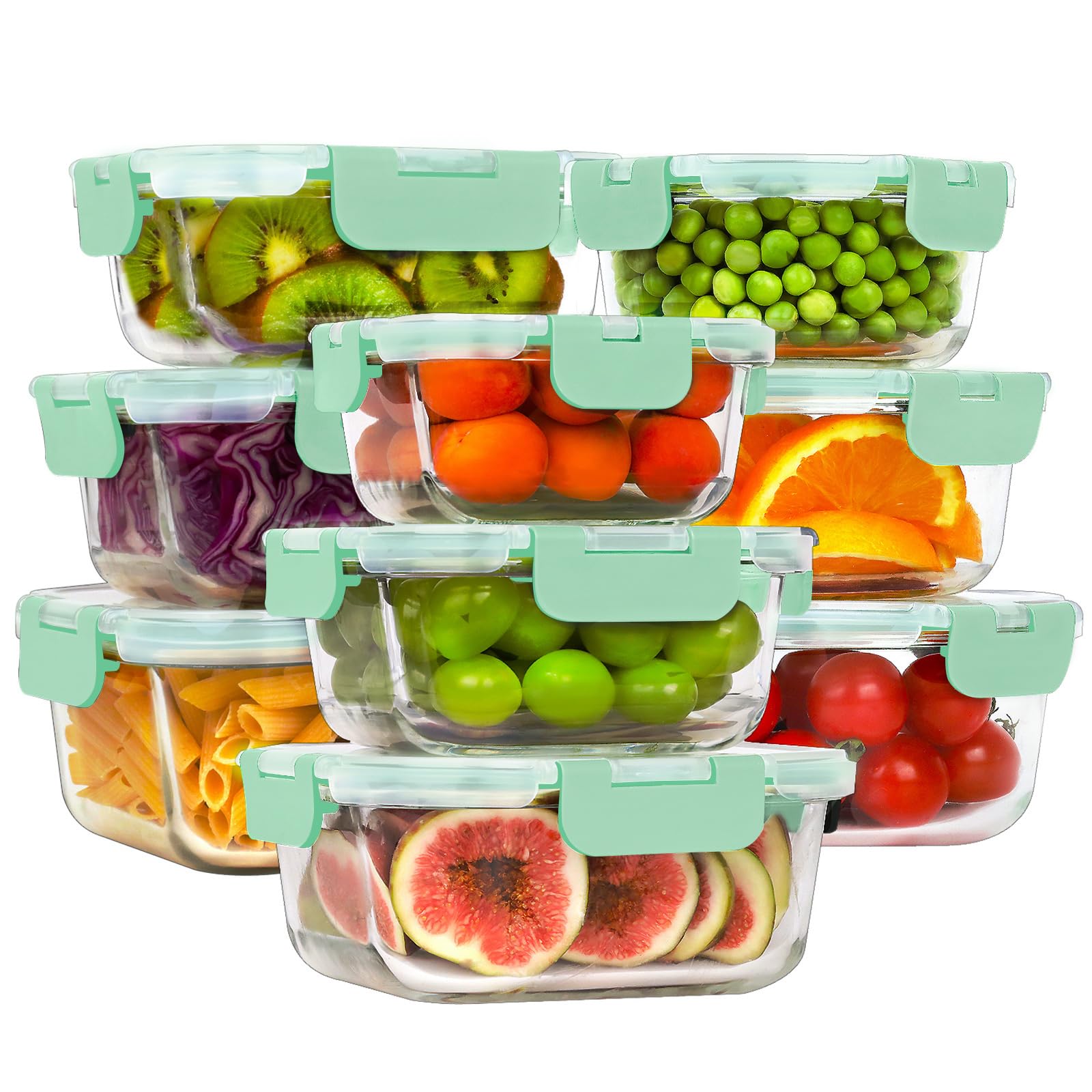 HOMBERKING 18 Piece Glass Food Storage Containers with Lids, Glass Meal Prep Containers, Airtight Lunch Bento Boxes, BPA-Free & Leak Proof, Oven, Freezer and Dishwasher Safe (9 lids & 9 Containers)