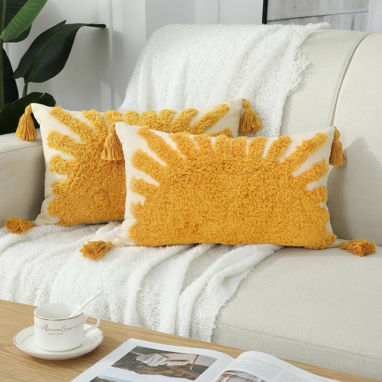 2 Pcs Sun Tufted Lumbar Pillow Cover 12x20 Inch Boho Velvet & Canvas Throw Pillow with Tassels, Yellow Cream Decorative Accent Pillows for Bed, Couch, Living Room & Farmhouse Decor