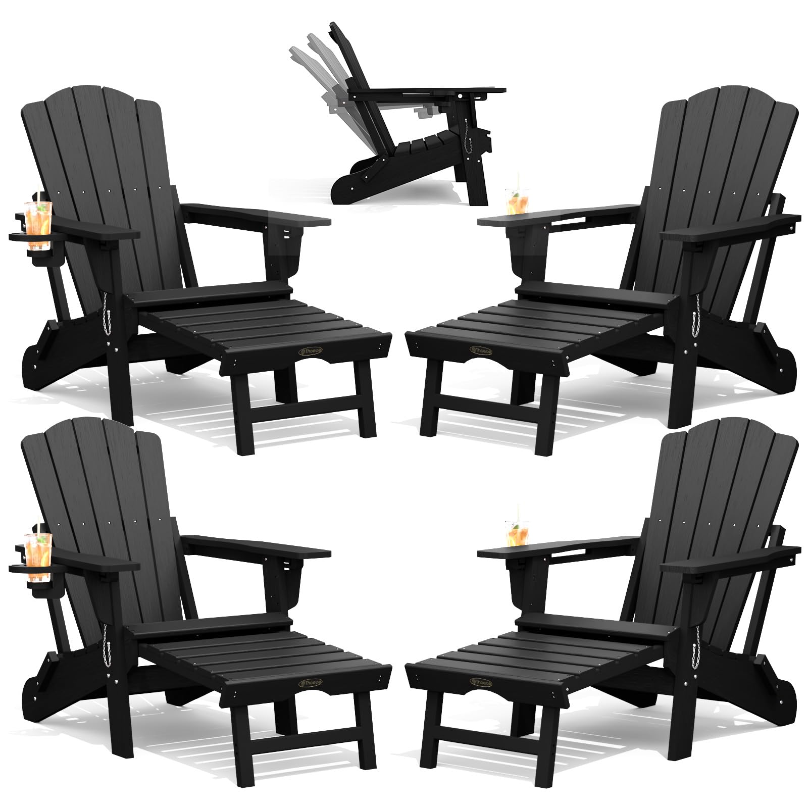 THOEOE Adjustable Adirondack Chair with Retractable Ottoman, HDEP Folding Adirondack Chairs with Footrest 2-in-1 Cup Holder, All Weather Outoor Fire Pit Chair with Foot Rest Set 1 Black