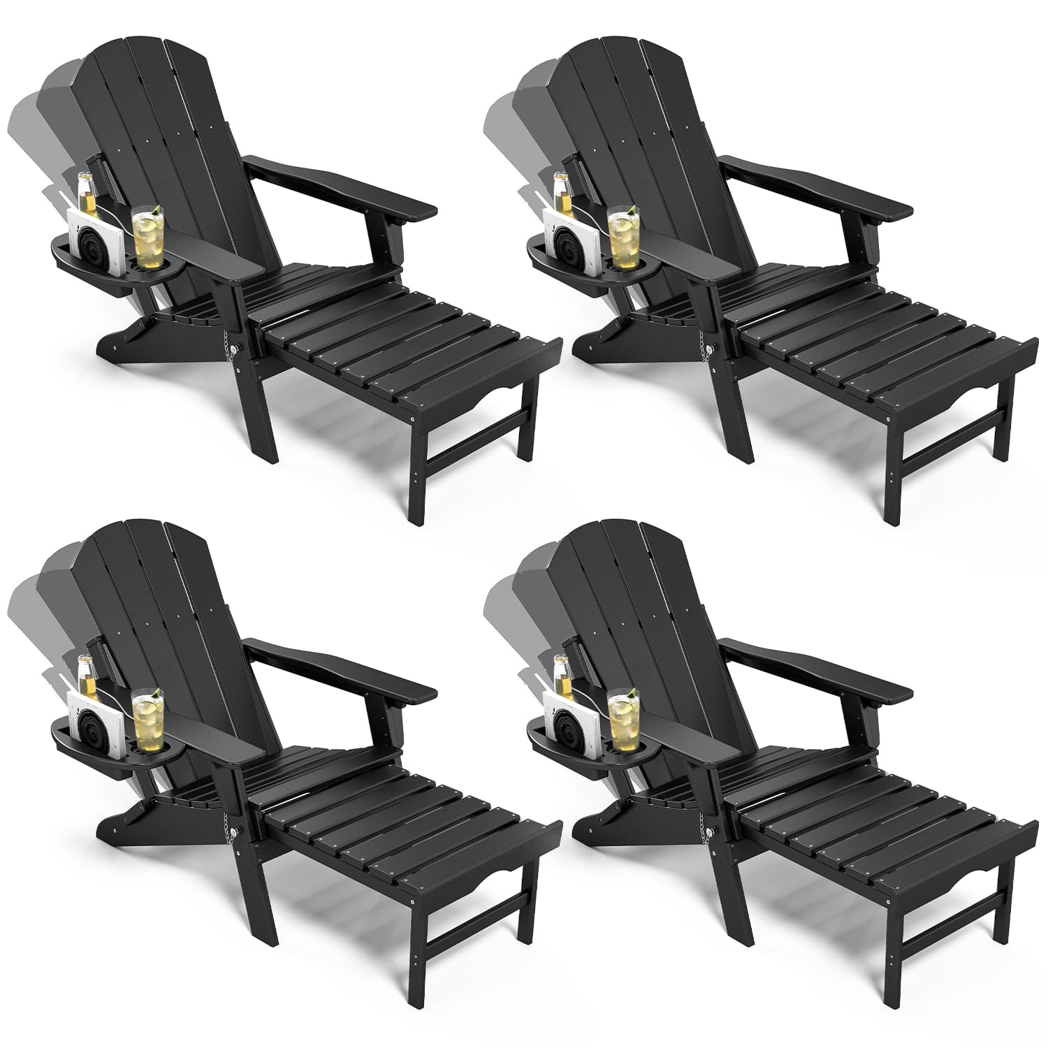 NAVINE Adjustable Adirondack Chair with Retractable Ottoman Set of 2, HDPE Folding Adirondack Chair with Cup Holder, All Weather Fire Pit Chair for Outdoor.