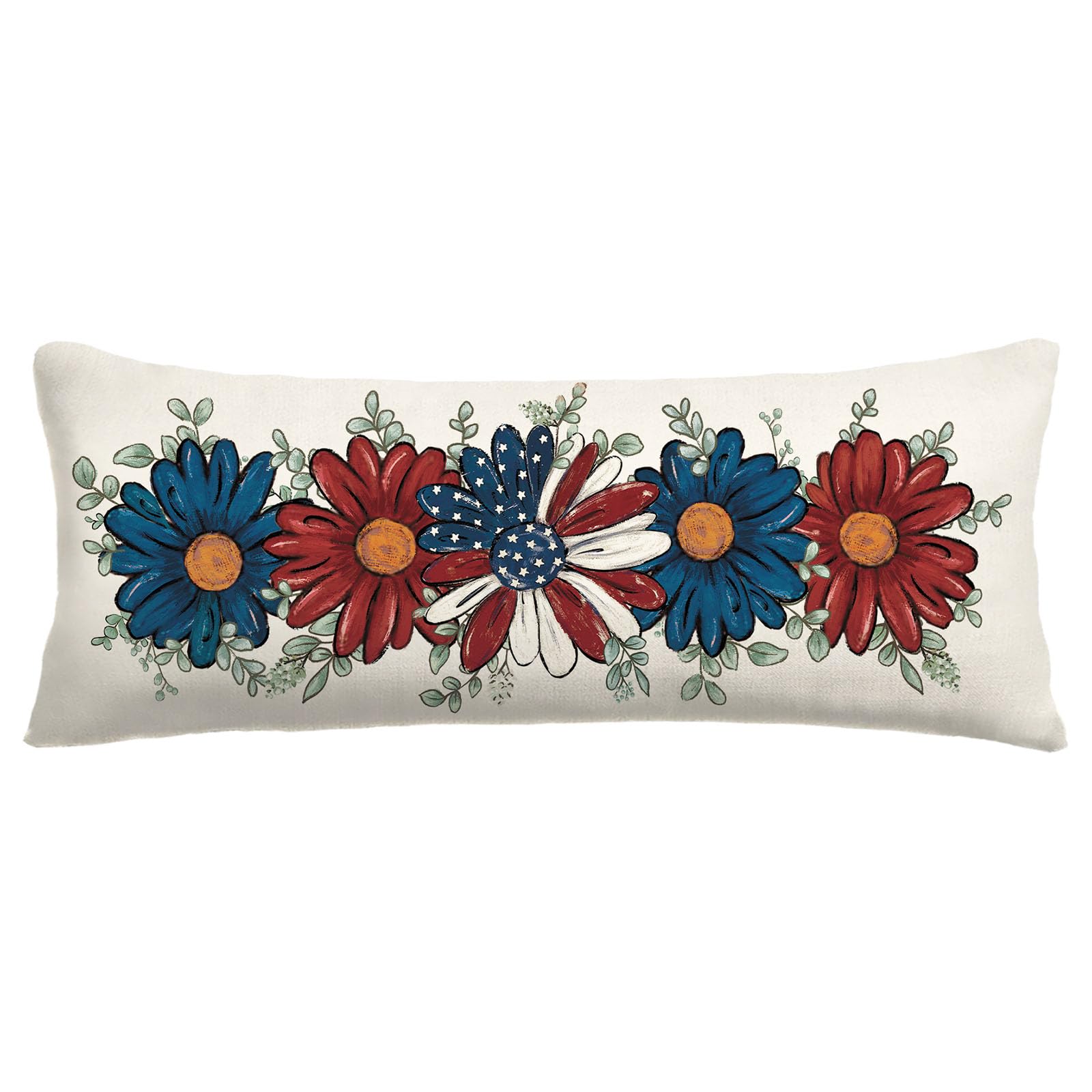 Baccessor Patriotic Pillow Cover 12x20 Inch,4th of July Memorial Day Lumbar Blue Red Daisy Lumbar Pillow Case Summer Holiday Bed Cushion Home Sofa Couch Indoor Outdoor Decor 1 Piece