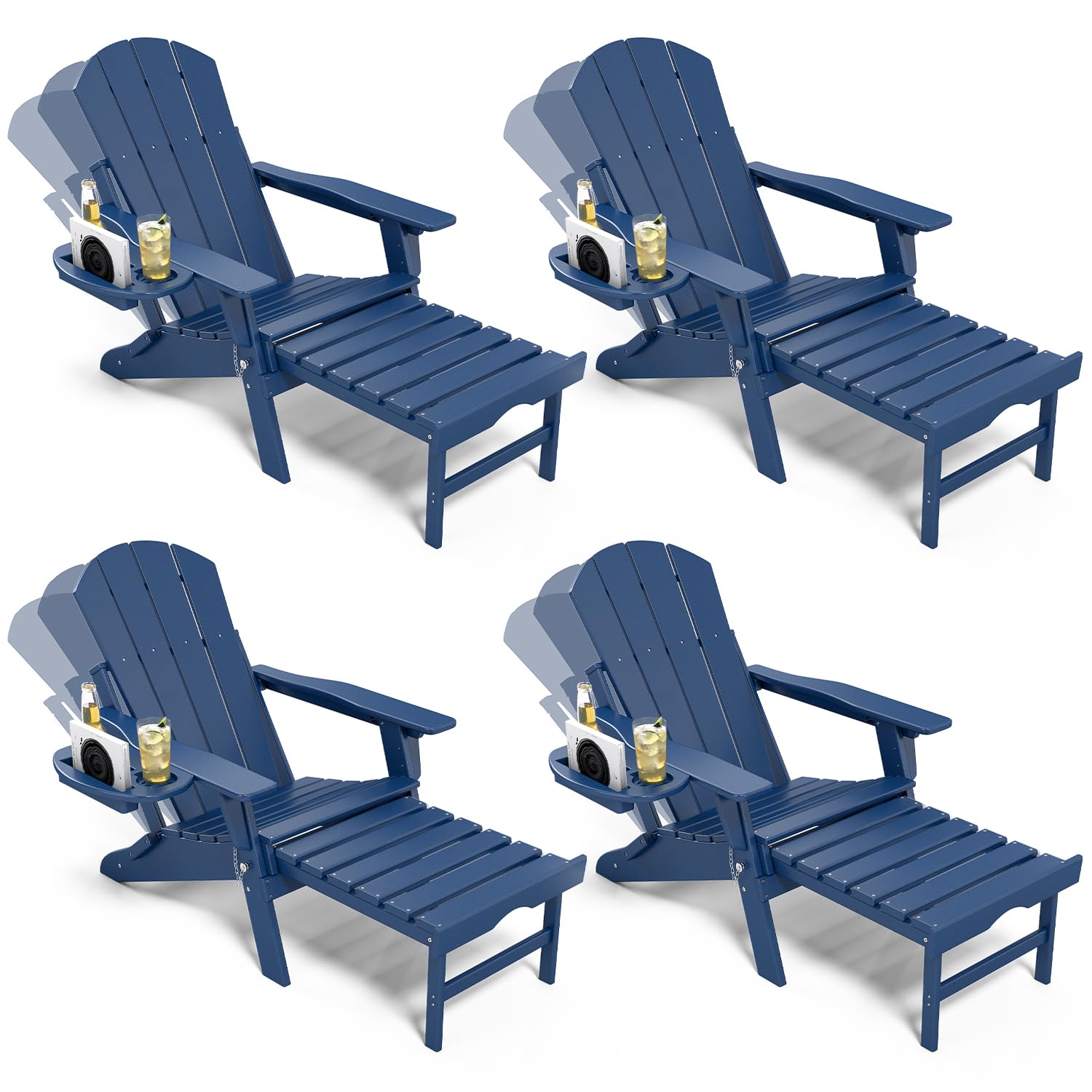 NAVINE Adjustable Adirondack Chair with Retractable Ottoman Set of 2, HDPE Folding Adirondack Chair with Cup Holder, All Weather Fire Pit Chair for Outdoor.