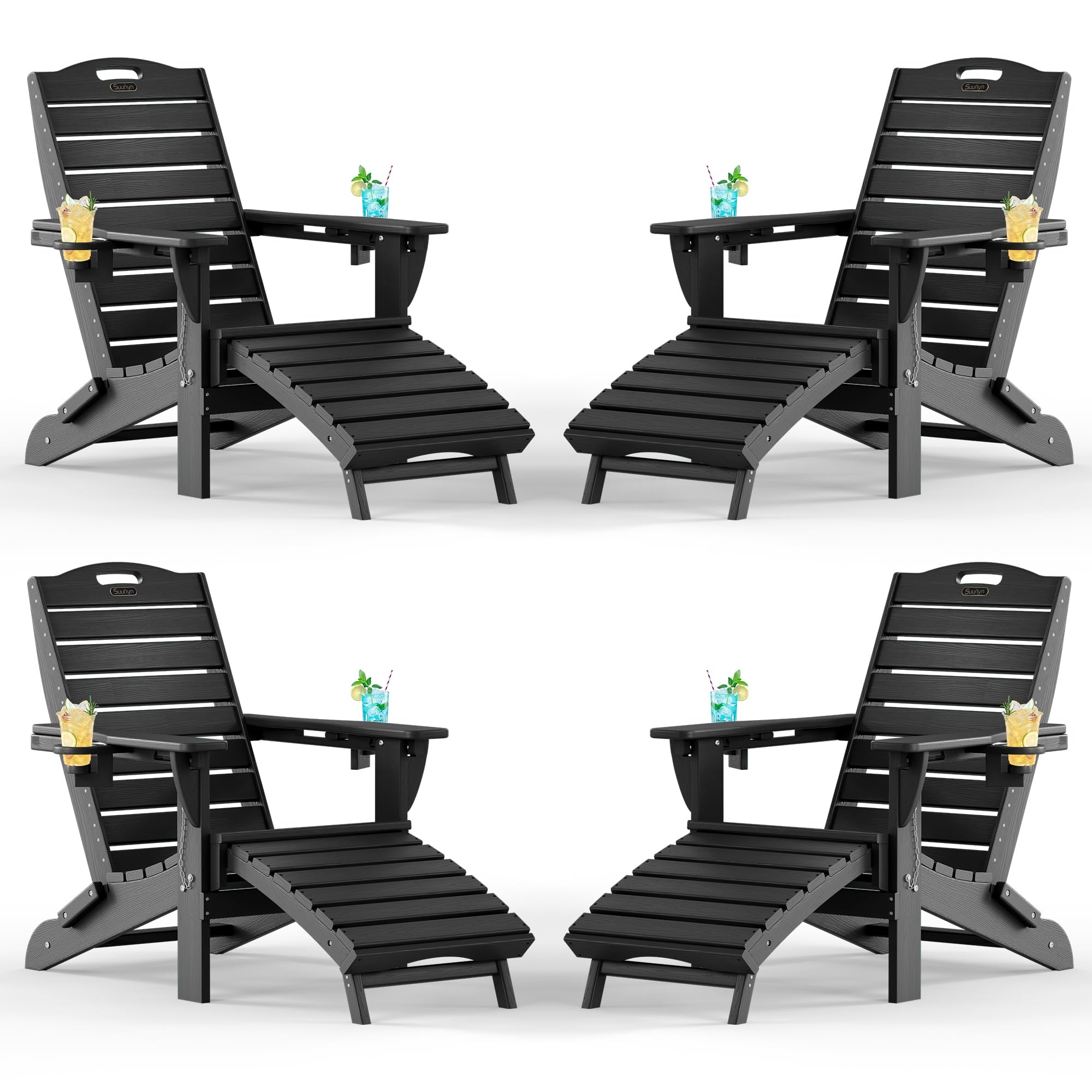 Folding Adirondack Chair with Retractable Ottoman, Weather Resistant Fire Pit Chair Patio Chair with 2 Cup Holder Lawn Outdoor Lounge Chair (Grey)