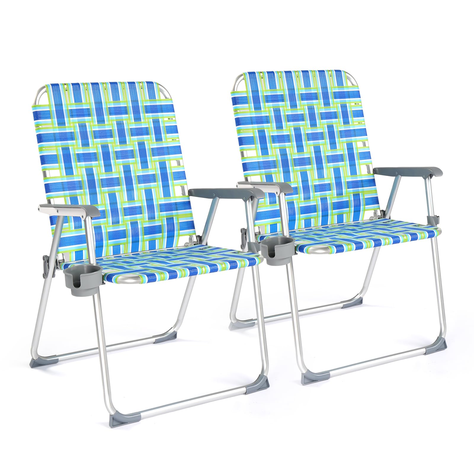 VINGLI Aluminum Patio Lawn Chairs Folding Set of 2 with Detachable Cup Holder, Webbed Beach Chair Folding Chair Outdoor Portable Camping Chair for Yard, Garden Blue alulawnchair