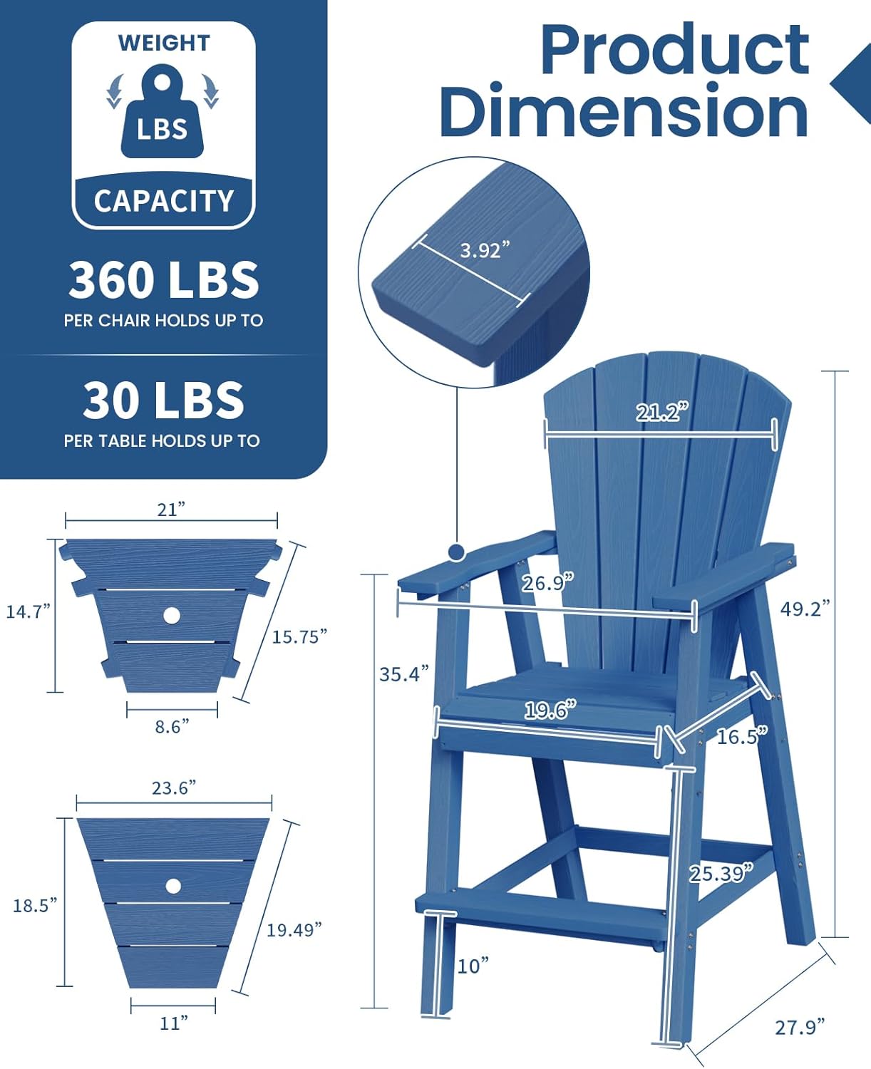Ciokea Tall Adirondack Chairs Set of 2, HDPE Outdoor High Back Adirondack Chair with Double Connecting Tray, Weather Resistant Balcony Chairs for Deck, Lawn, Pool, Backyard, Navy Blue