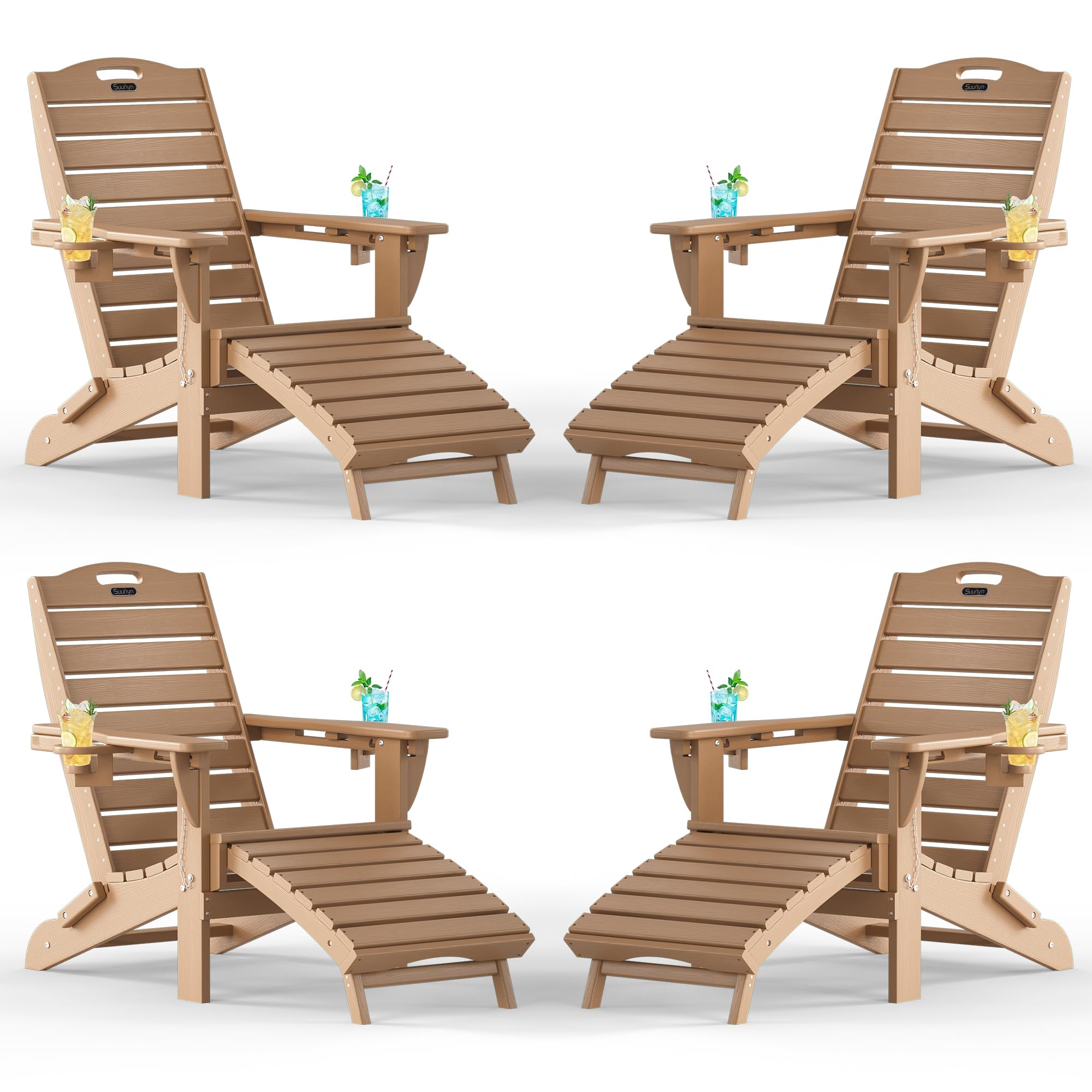 Folding Adirondack Chair with Retractable Ottoman, Weather Resistant Fire Pit Chair Patio Chair with 2 Cup Holder Lawn Outdoor Lounge Chair (Grey)