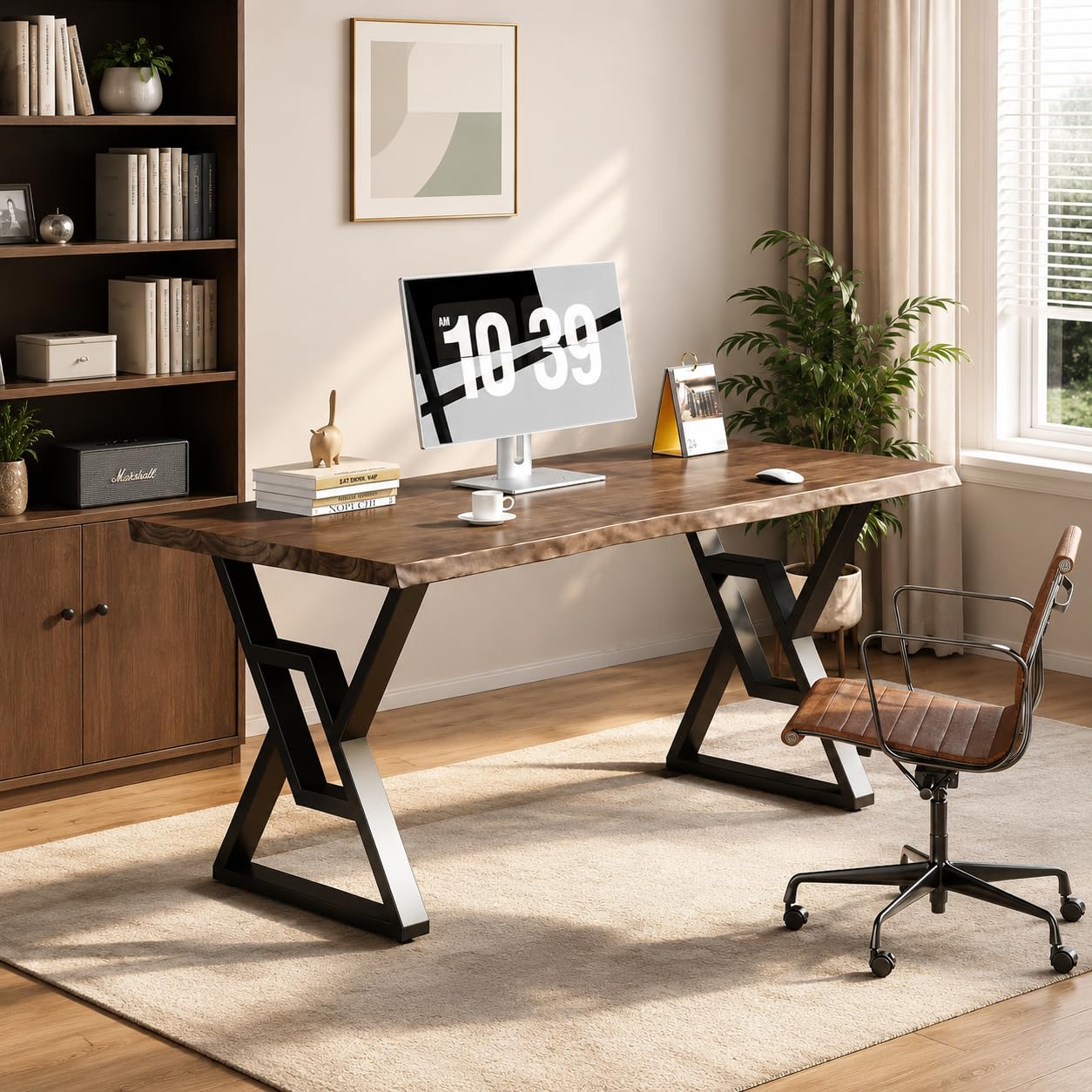 55inch Solid Wood Desk Wide Home Office Desk,Metal Modern Industrial Writing Table, Workstation, Perfect Table for Your workspace Study Table Furniture in Rustic Natural Aged Brown