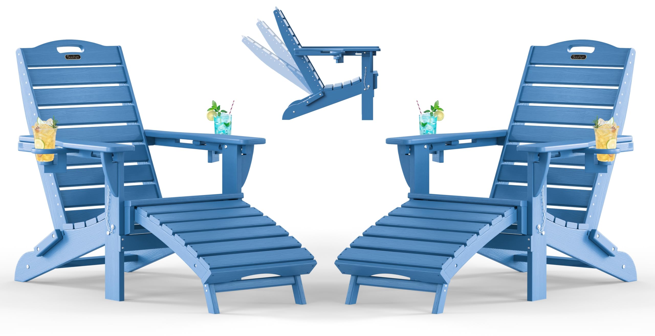 Folding Adirondack Chair with Retractable Ottoman, Weather Resistant Fire Pit Chair Patio Chair with 2 Cup Holder Lawn Outdoor Lounge Chair (Grey)
