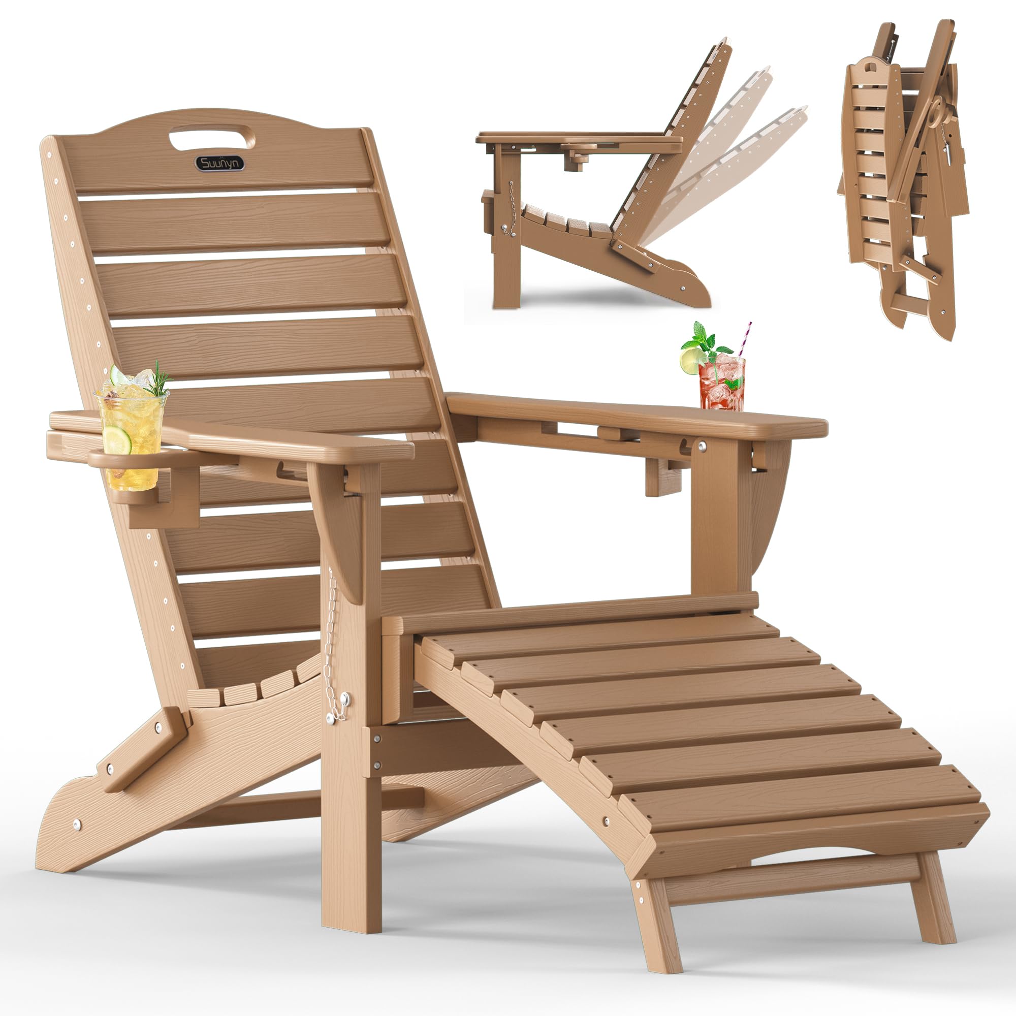 Folding Adirondack Chair with Retractable Ottoman, Weather Resistant Fire Pit Chair Patio Chair with 2 Cup Holder Lawn Outdoor Lounge Chair (Grey)