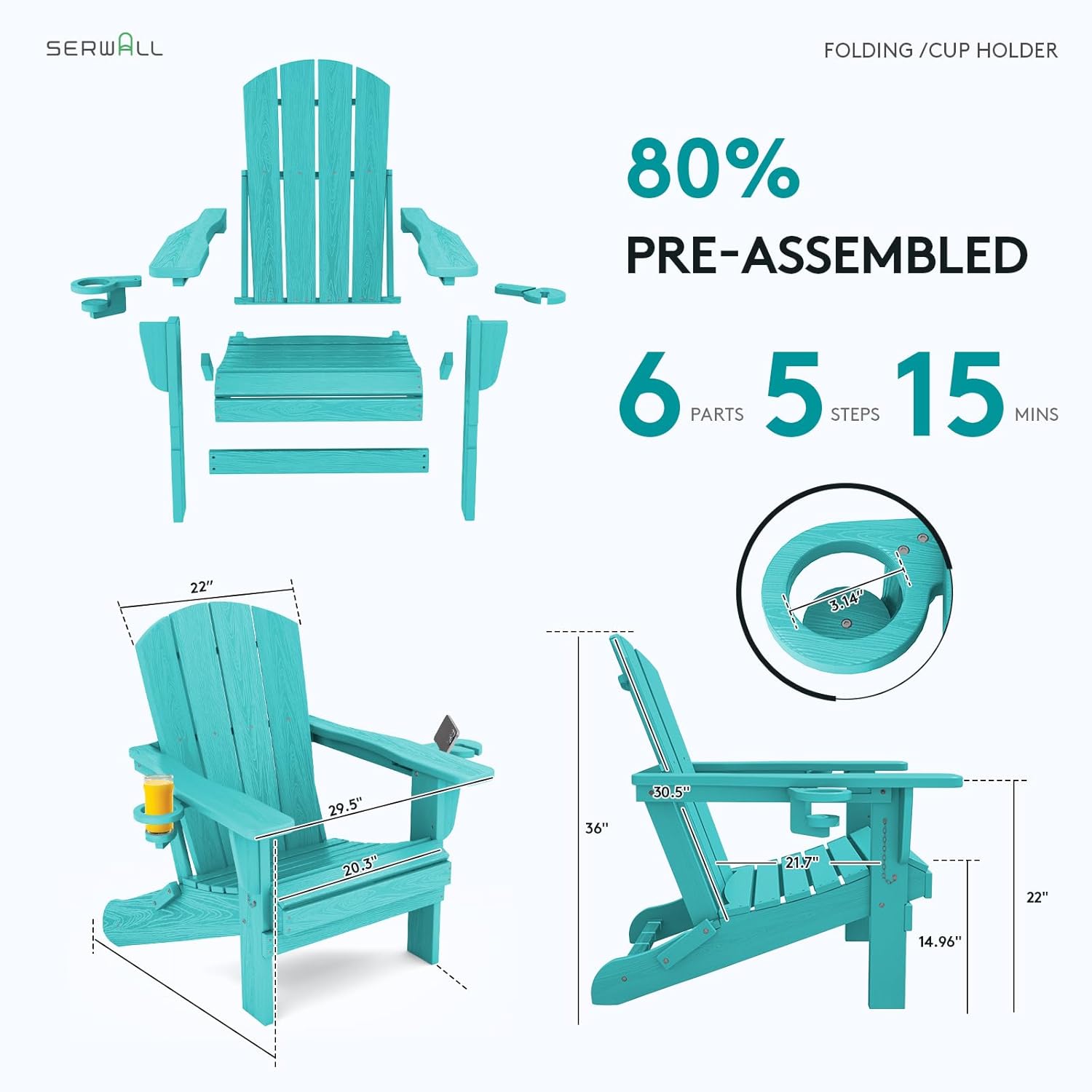 SERWALL Adirondack Chair with Cup Holders - Composite Adirondack Chairs HDPE Outdoor Chairs All Weather Use- Aruba