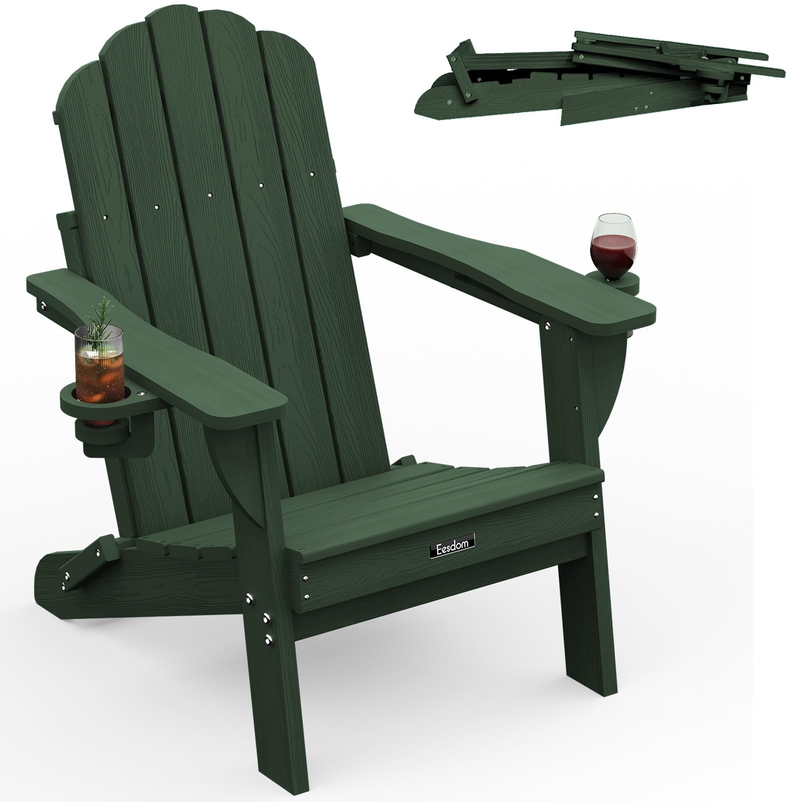 Folding Adirondack Chair,All-Weather HDPE Fire Pit Chair with 2 Cup Holders, Plastic Outdoor Chair for Patio Deck Garden Lawn, Black