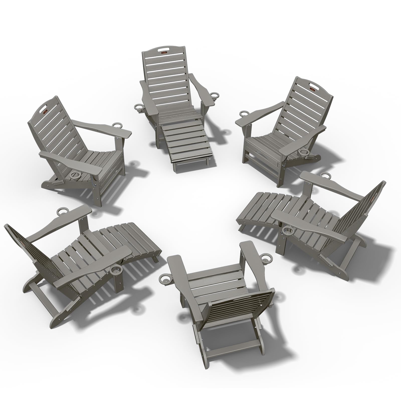 Ciokea Folding Adirondack Chair with Retractable Ottoman Fire Pit Patio Chair with Pull Out Foot Rest Weather Resistant Lawn Outdoor Lounge Chair with 2 Cup Holder (Grey)