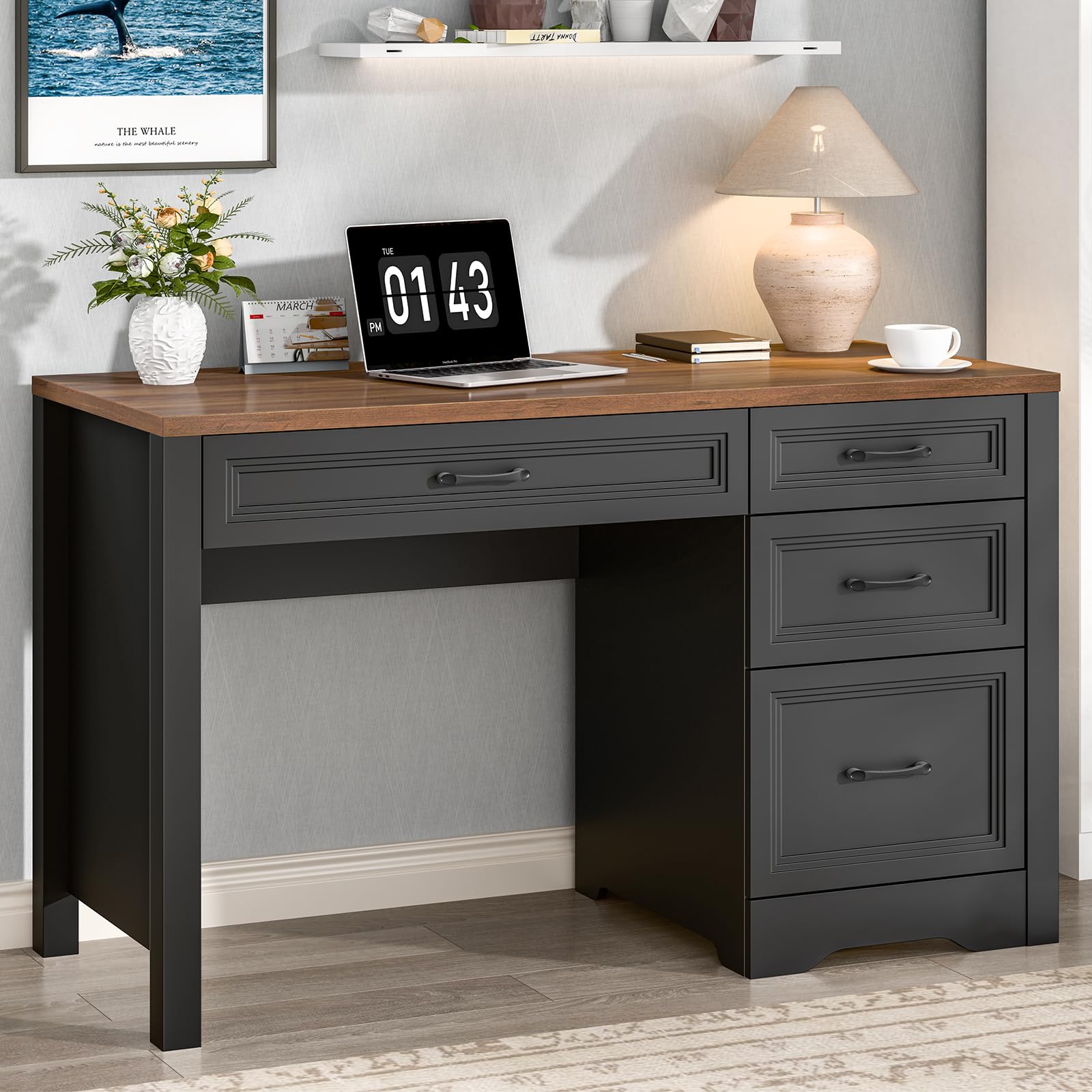 Vabches Farmhouse Executive Desk, Wood Home Office Desk with 2 Large File Drawers and 5 Storage Cabinets, Rustic Writing Desk for Work and Study, Brown