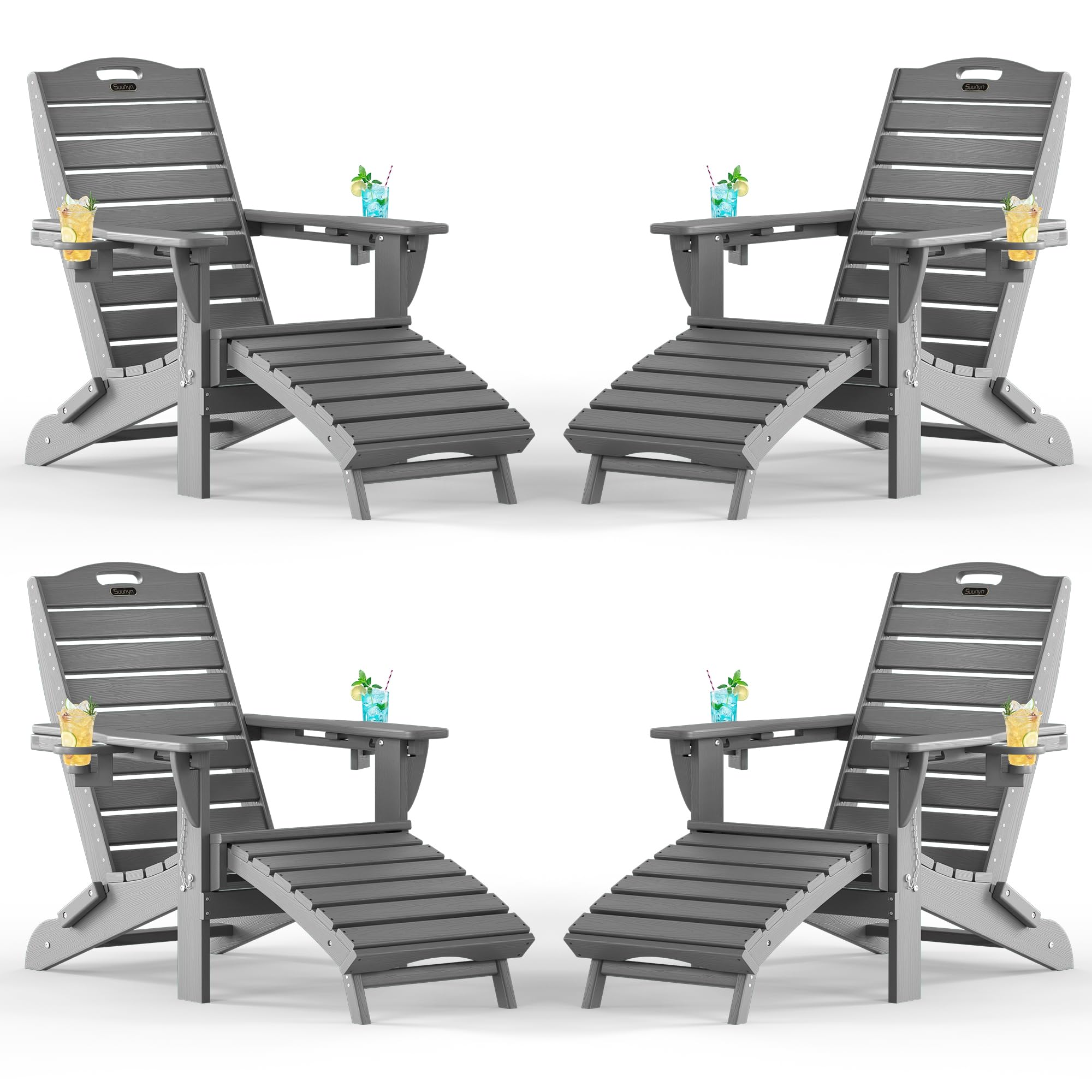 Folding Adirondack Chair with Retractable Ottoman, Weather Resistant Fire Pit Chair Patio Chair with 2 Cup Holder Lawn Outdoor Lounge Chair (Grey)