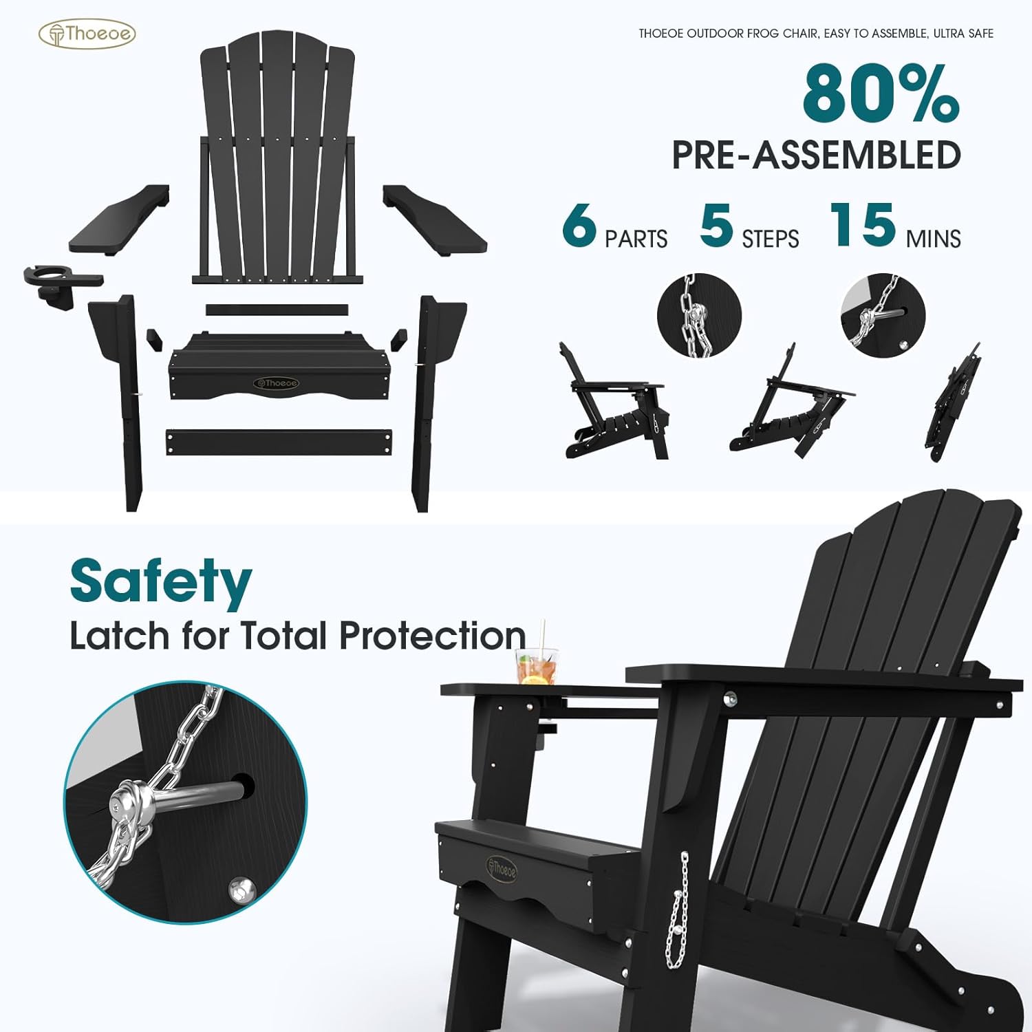 THOEOE Folding Adirondack Chair,HDPE All-Weather Outdoor Chair with Cup Holder,Wooden Textured,Fire Pit Chair,Plastic Patio Chair for Deck,Backyard,Garden,Lawn, Black