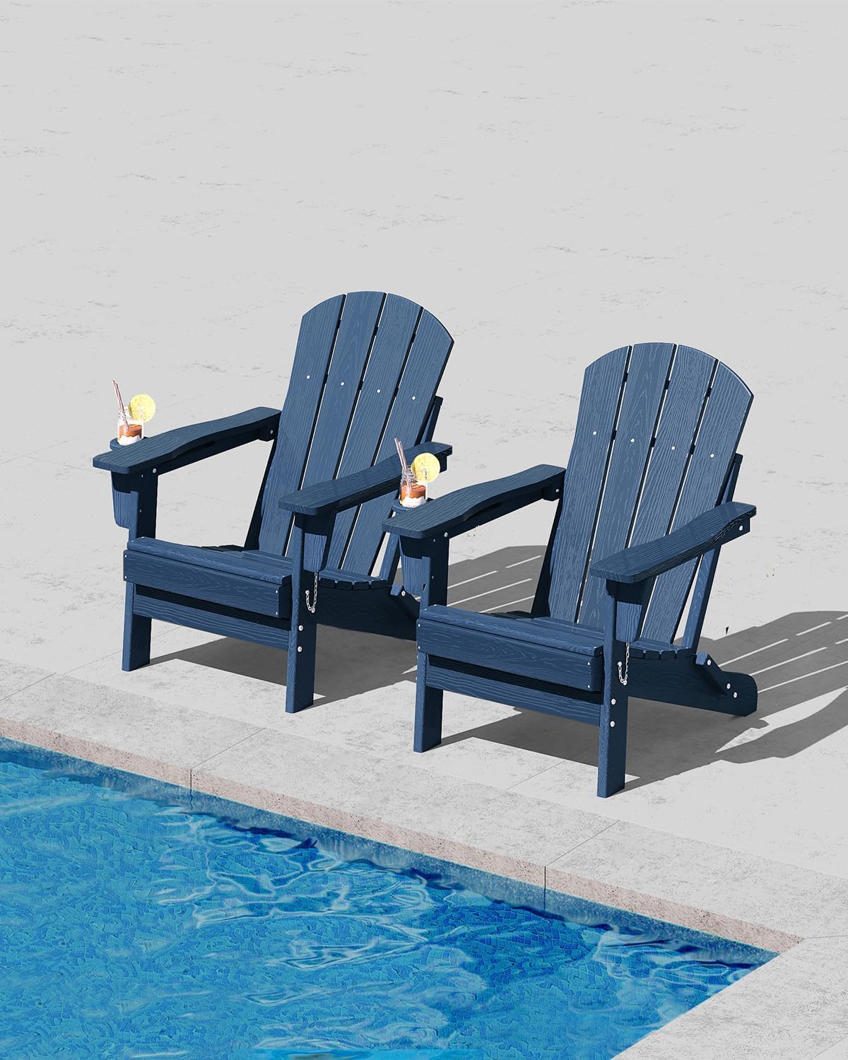 GarveeLife Folding Adirondack Chair Set of 2, All-Weather HDPE Outdoor Chair, Wooden Textured with Cup Holder for patios, Decks, Gardens, fire pits, Navy Blue