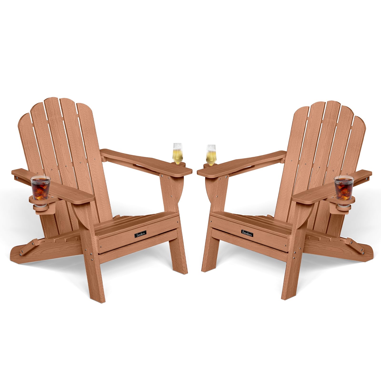 Folding Adirondack Chair,All-Weather HDPE Fire Pit Chair with 2 Cup Holders, Plastic Outdoor Chair for Patio Deck Garden Lawn, Black