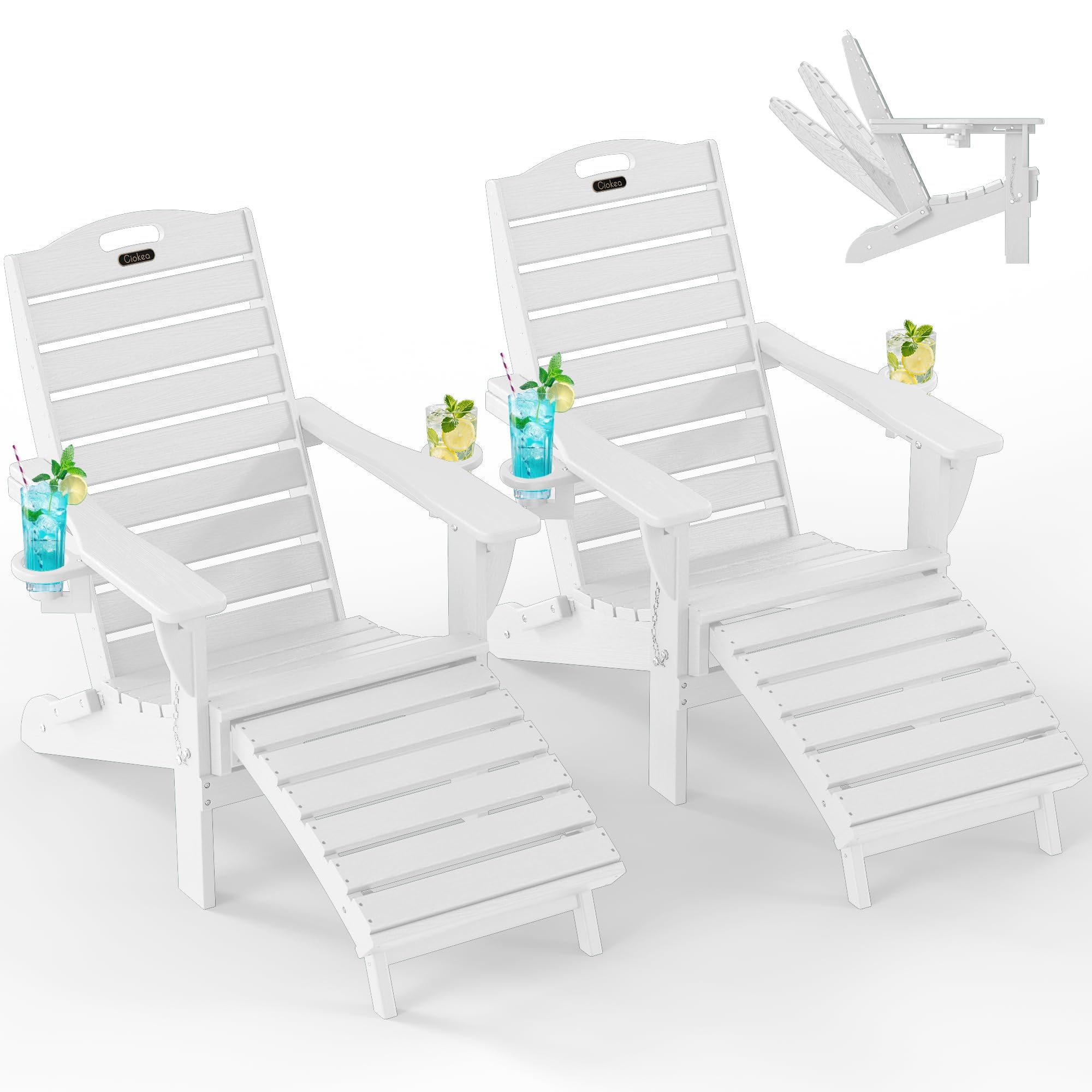 Ciokea Folding Adirondack Chair with Retractable Ottoman Fire Pit Patio Chair with Pull Out Foot Rest Weather Resistant Lawn Outdoor Lounge Chair with 2 Cup Holder (Grey)