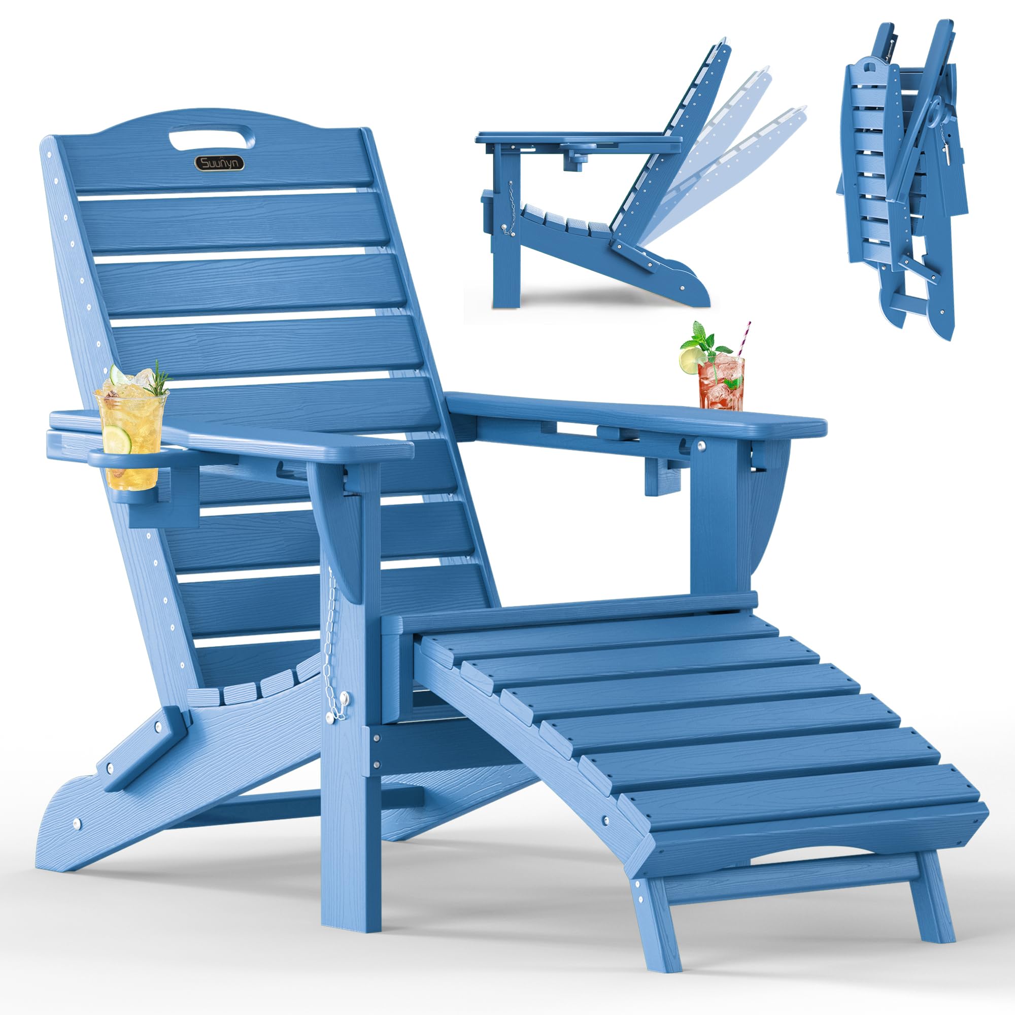 Folding Adirondack Chair with Retractable Ottoman, Weather Resistant Fire Pit Chair Patio Chair with 2 Cup Holder Lawn Outdoor Lounge Chair (Grey)