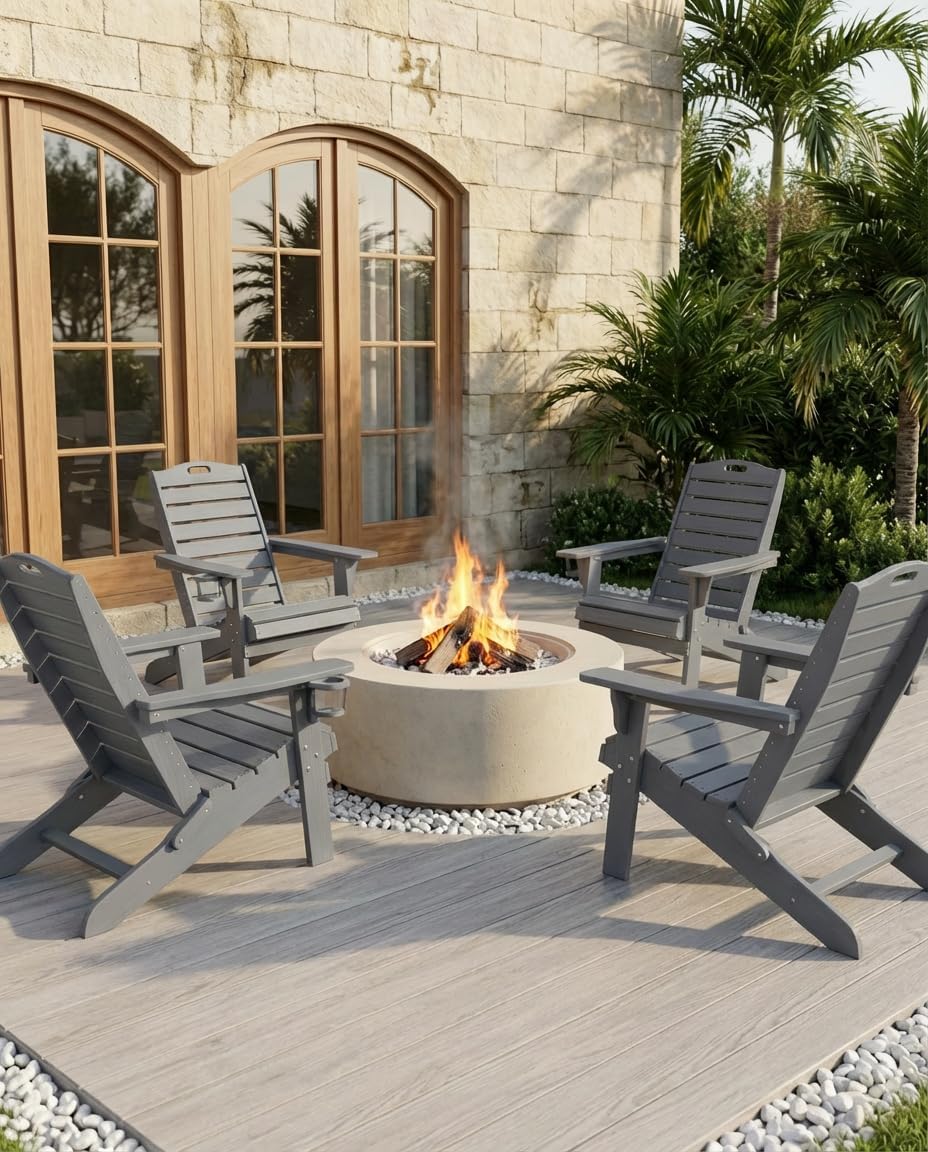 Folding Adirondack Chair with Retractable Ottoman, Weather Resistant Fire Pit Chair Patio Chair with 2 Cup Holder Lawn Outdoor Lounge Chair (Grey)