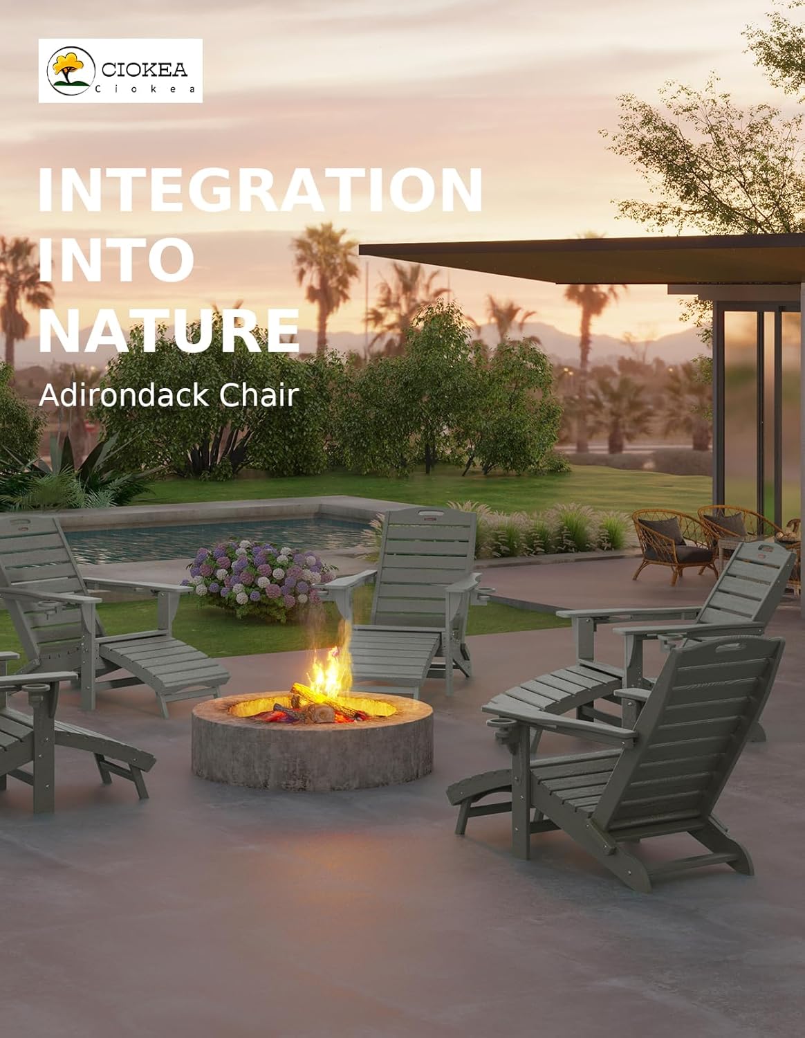 Ciokea Folding Adirondack Chair with Retractable Ottoman Fire Pit Patio Chair with Pull Out Foot Rest Weather Resistant Lawn Outdoor Lounge Chair with 2 Cup Holder (Grey)
