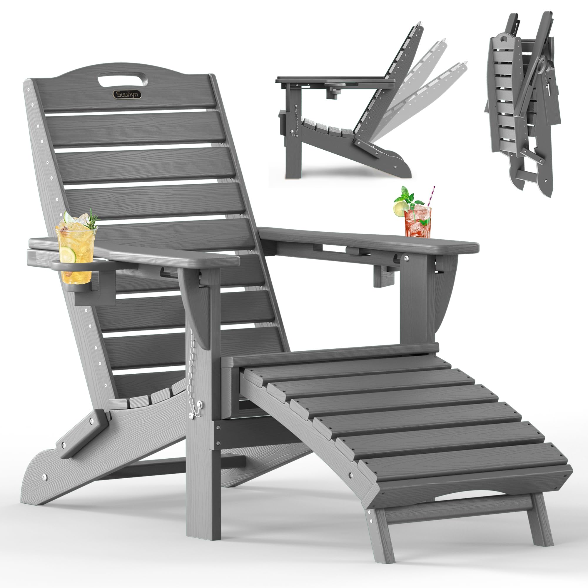 Folding Adirondack Chair with Retractable Ottoman, Weather Resistant Fire Pit Chair Patio Chair with 2 Cup Holder Lawn Outdoor Lounge Chair (Grey)